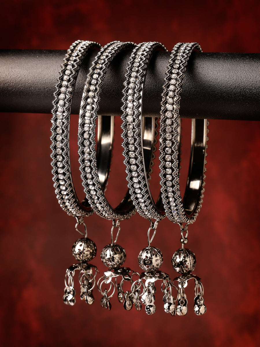 Sukkhi Eye-Catching Oxidised Rhodium Plated AD Stone Studded with Ball Hanging Silver Bracelet Bangle Set Jewellery for Women & Girls |Set of 4|Size 2.4|B106024