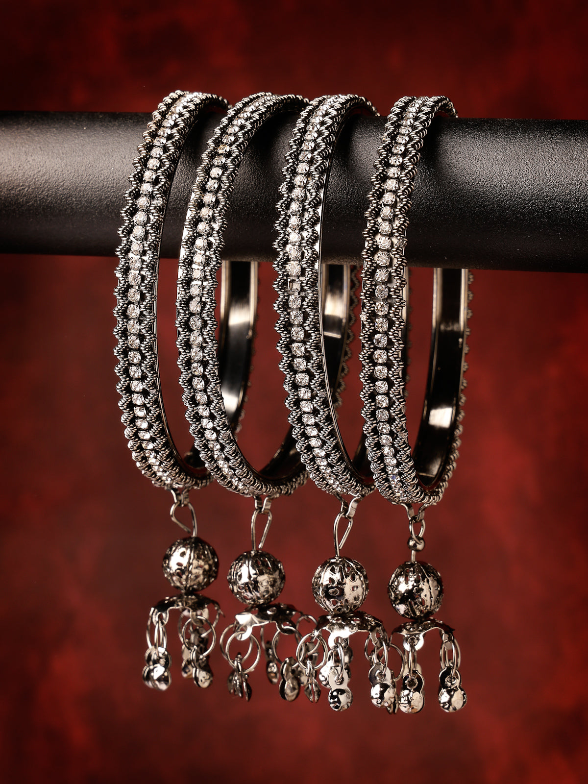 Sukkhi Eye-Catching Oxidised Rhodium Plated AD Stone Studded with Ball Hanging Silver Bracelet Bangle Set Jewellery for Women & Girls |Set of 4|B106024