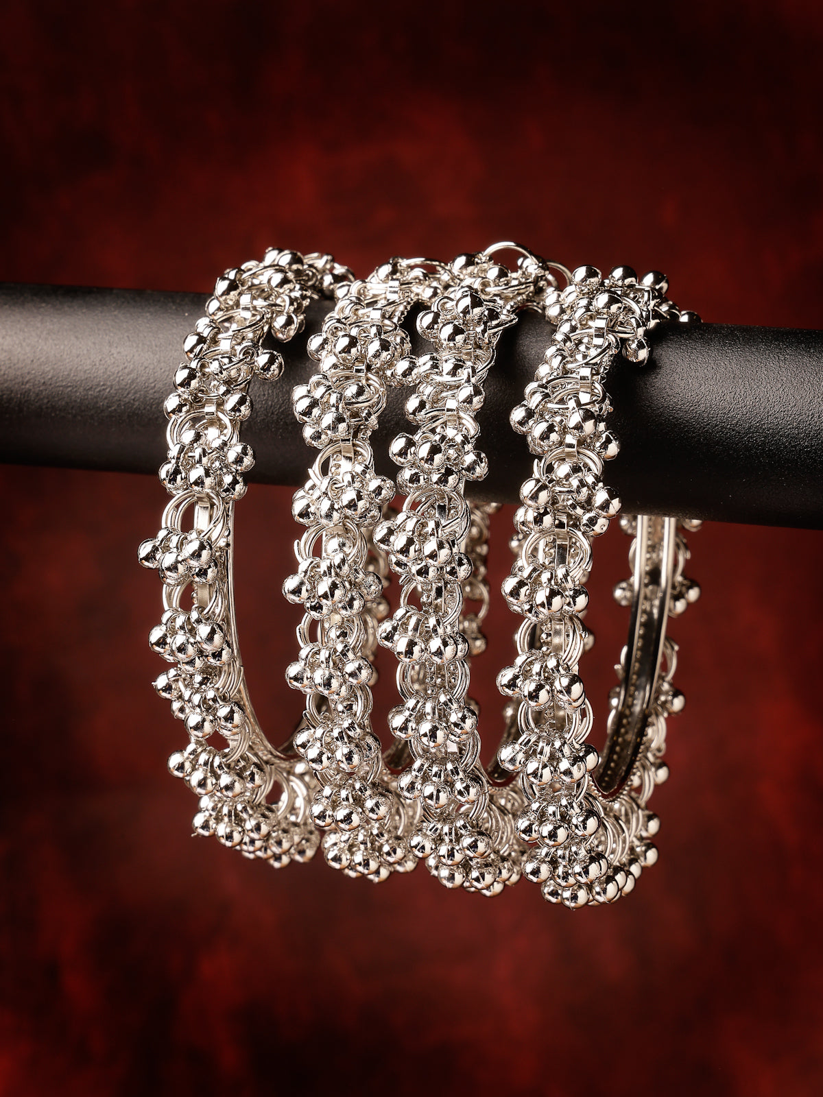 Sukkhi Navratri Festival Creative Oxidised Rhodium Plated Ghungroo Beadded Silver Bracelet Bangle Set Jewellery for Women & Girls |Set of 4 | B106027