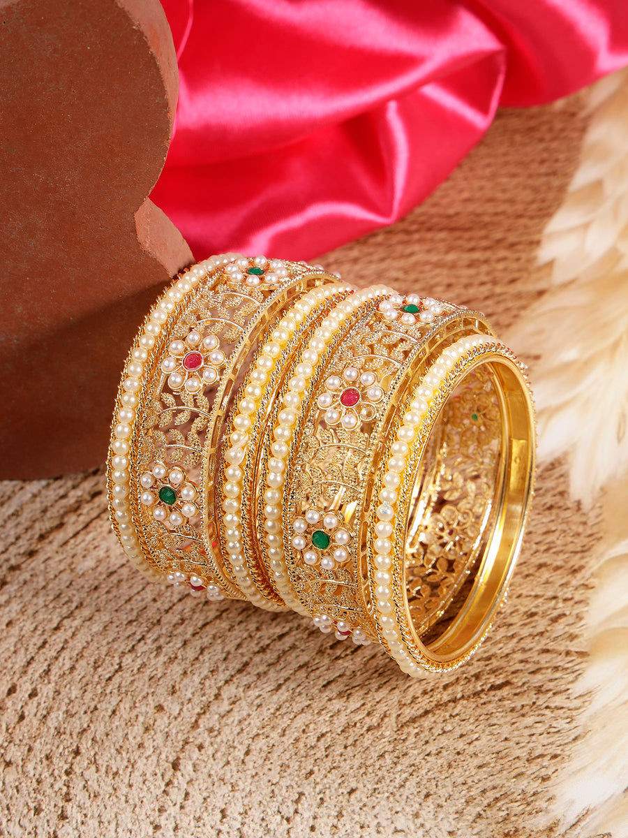 Sukkhi Indian Traditional Gold Plated floral Style Pearl Bangle Set Jewellery for Women & Girls |Set of 2|Size 2.8|B107094