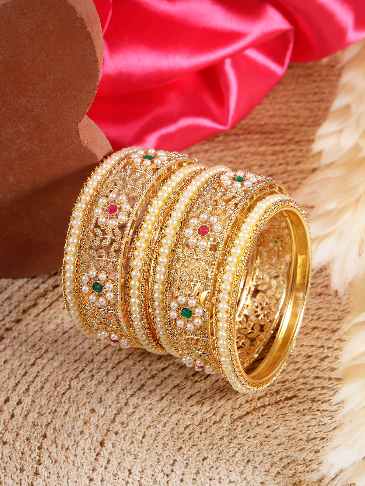 Sukkhi Indian Traditional Gold Plated floral Style Pearl Bangle Set Jewellery for Women & Girls |Set of 2|B107094