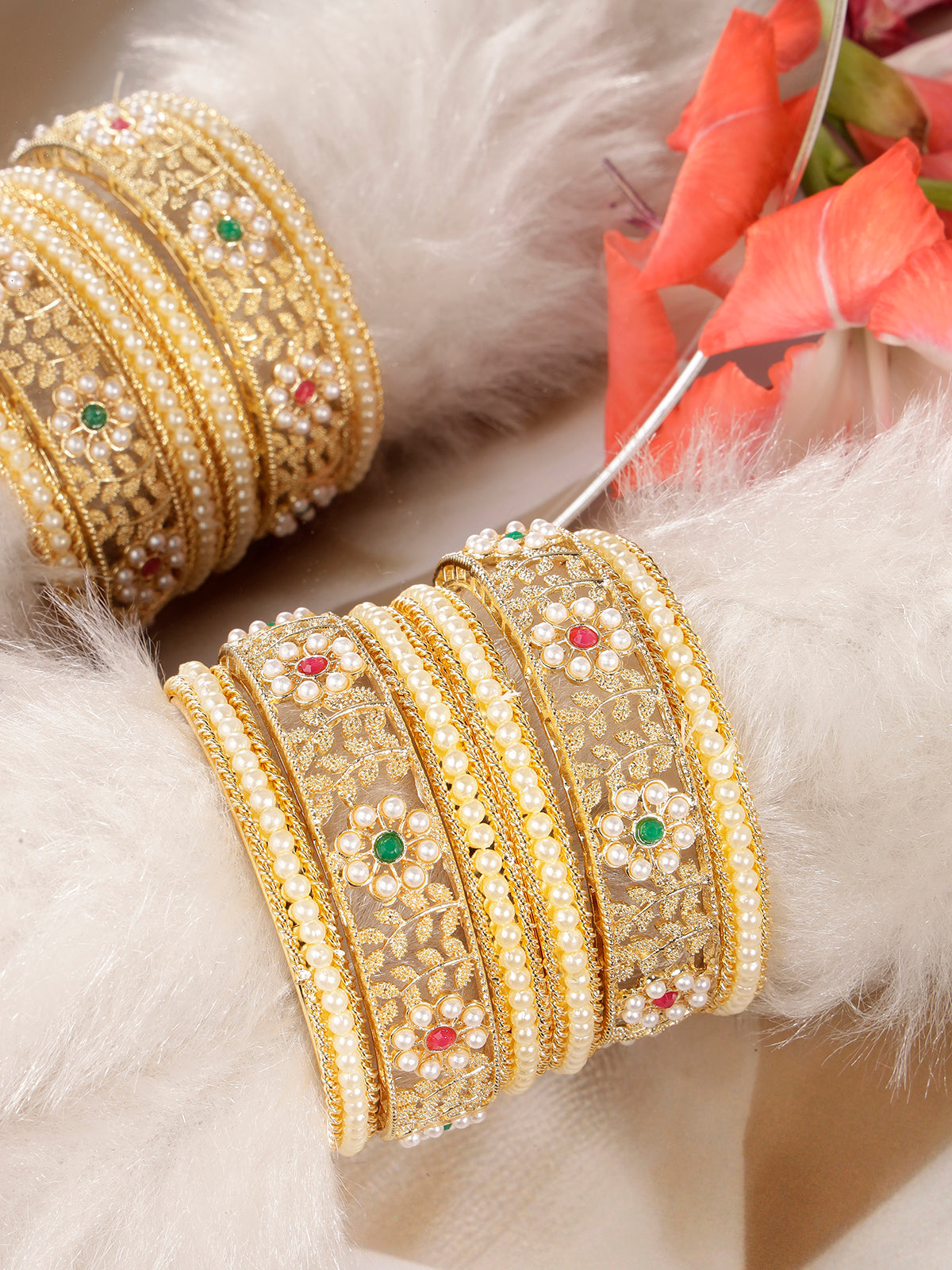 Sukkhi Indian Traditional Gold Plated floral Style Pearl Bangle Set Jewellery for Women & Girls |Set of 2|B107094