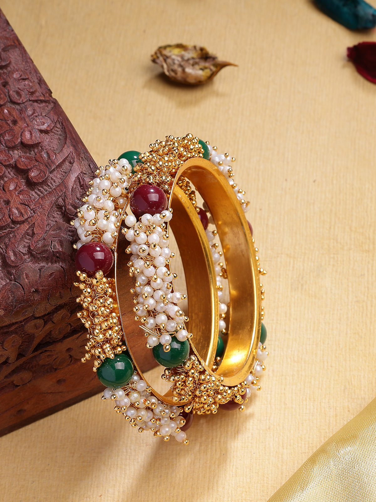Sukkhi Fashion Traditional Gold Plated Pearls Studded Red Green Bangle Bracelet Jewellery for Women & Girls|Set of 2|B107293