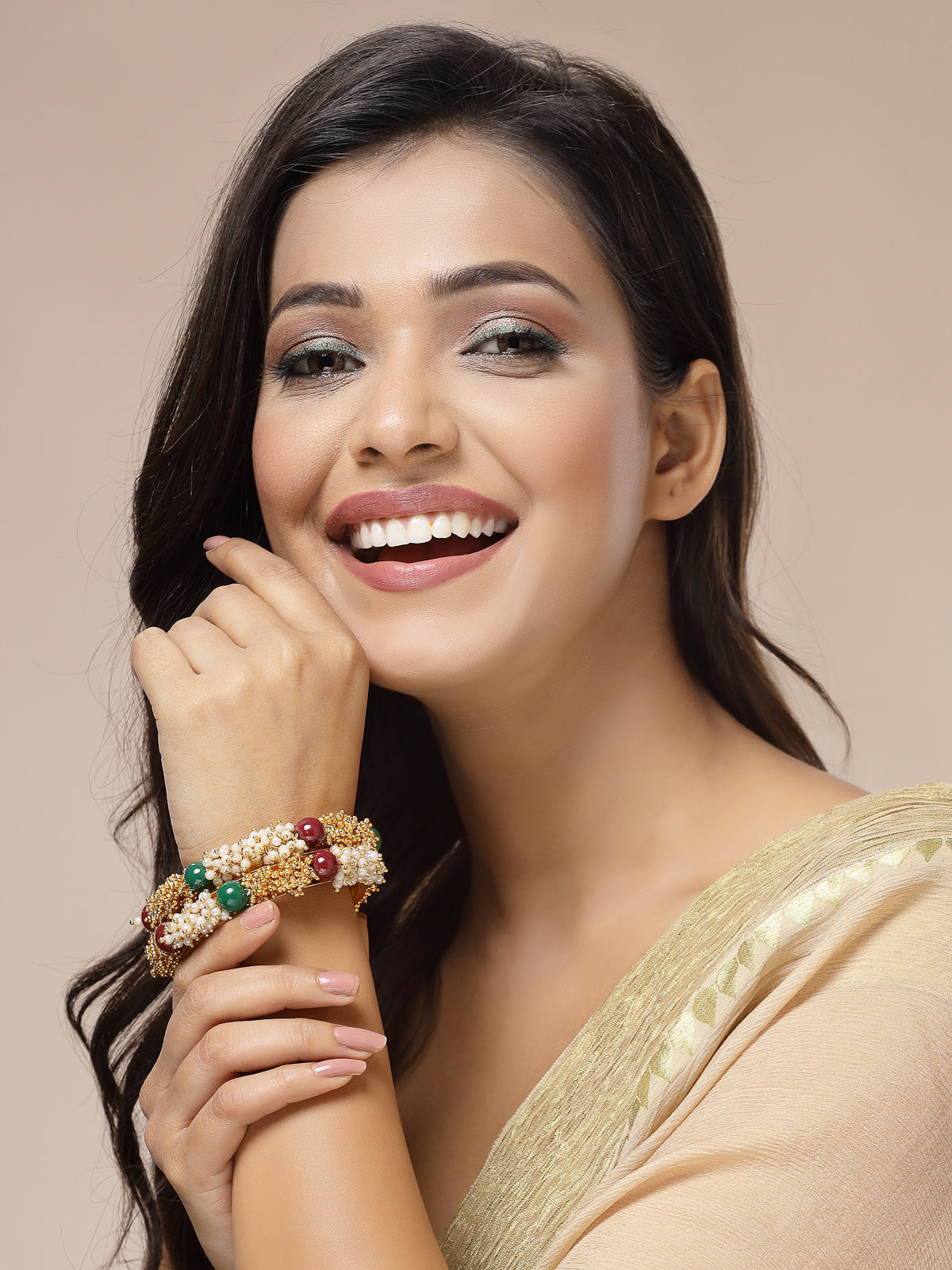 Sukkhi Fashion Traditional Gold Plated Pearls Studded Red Green Bangle Bracelet Jewellery for Women & Girls|Set of 2|B107293_1