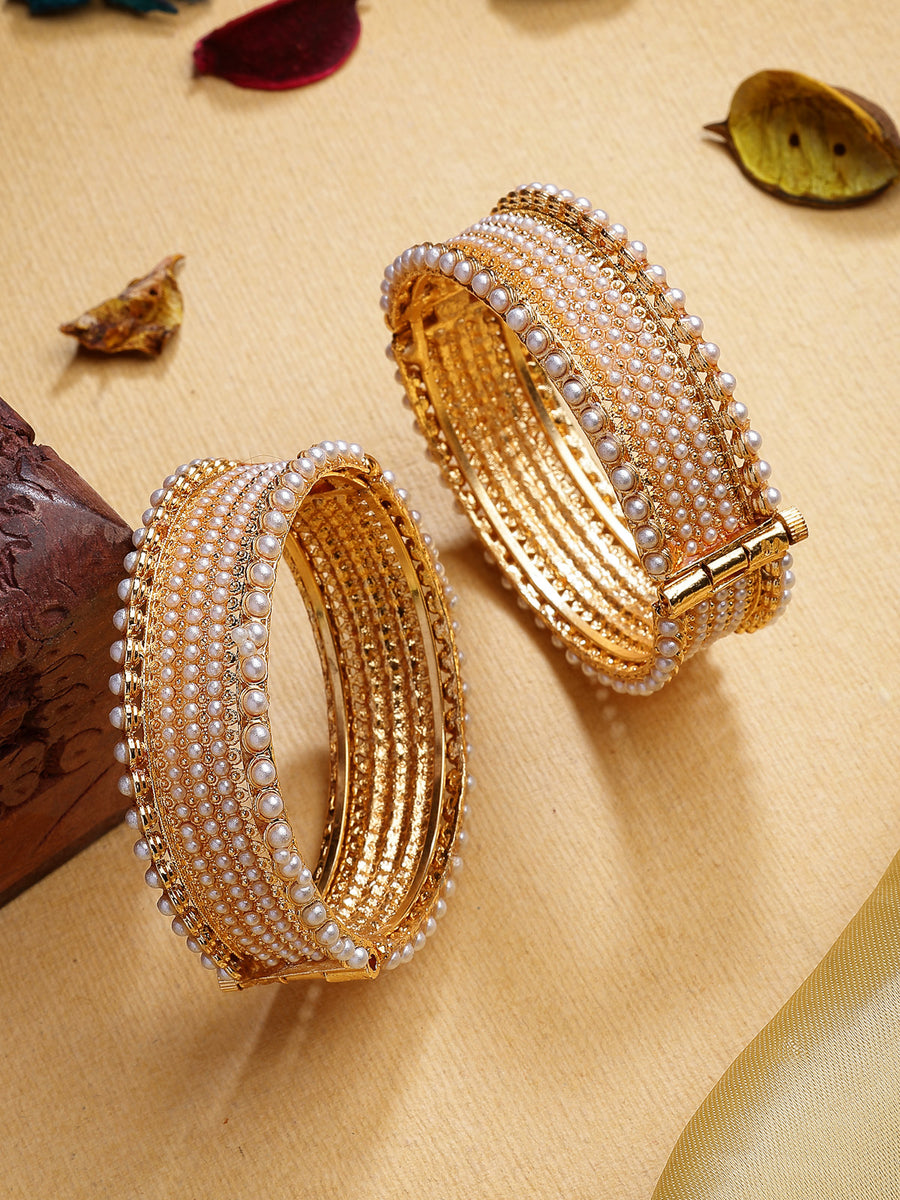 Sukkhi Trendy Rajwadi Style Gold Plated With Pearls Studded Broad Kada Bangle Jewellery For Women & Girls|Set of 2|Size 2.4|B107298