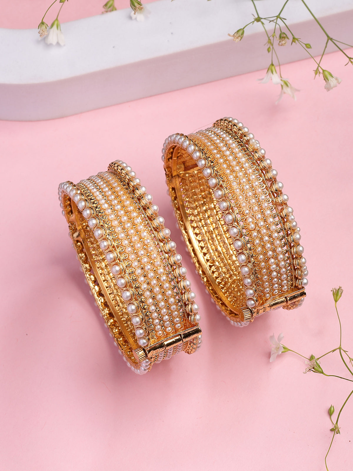 Sukkhi Trendy Rajwadi Style Gold Plated With Pearls Studded Broad Kada Bangle Jewellery For Women & Girls|Set of 2|B107298