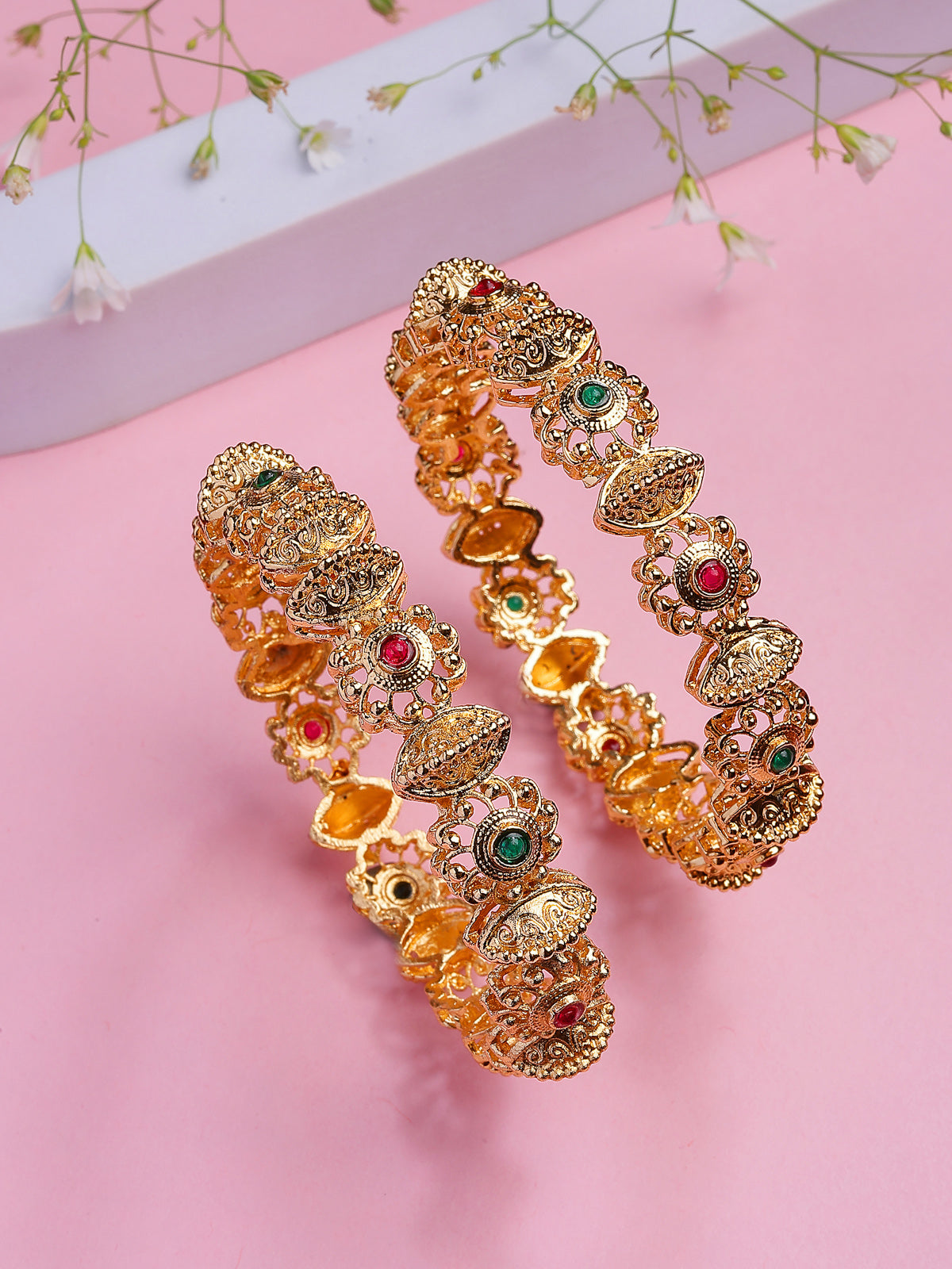 Sukkhi Unique Traditional Gold Plated Red Green Kada Bangle Set of 2 Jewellery For Women & Girls|B107301