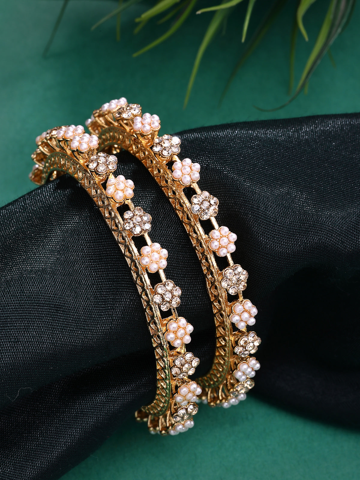 Sukkhi Traditional Latest Stylish Gold Plated AD Stones with Beads Kada Bangle Set for Women & Girls|Jewellery for Party, Wedding, and Festive Occasions for Women|2 Bangles|B107561