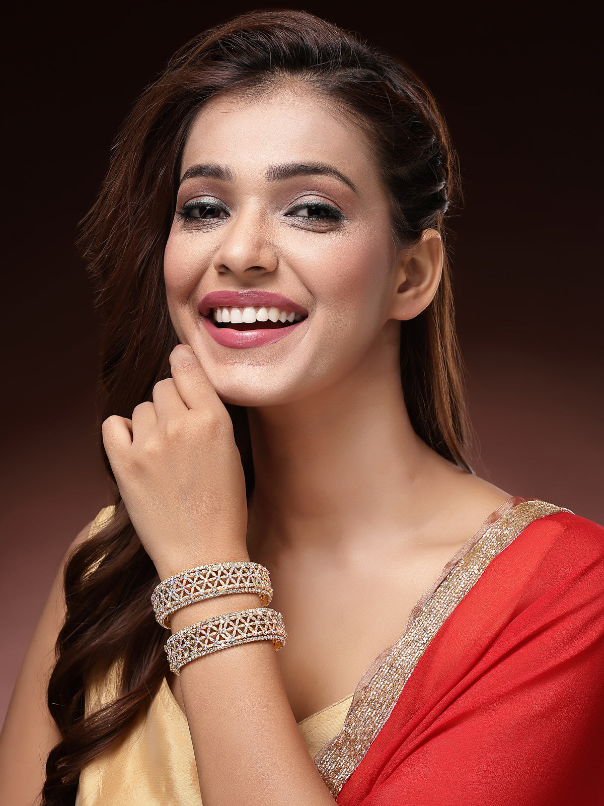 Sukkhi Creative Floral Design Gold Plated AD Stones Studded Kada Bangle Set for Women & Girls|Jewellery for Party, Wedding, and Festive Occasions for Women|2 Bangles|B107564