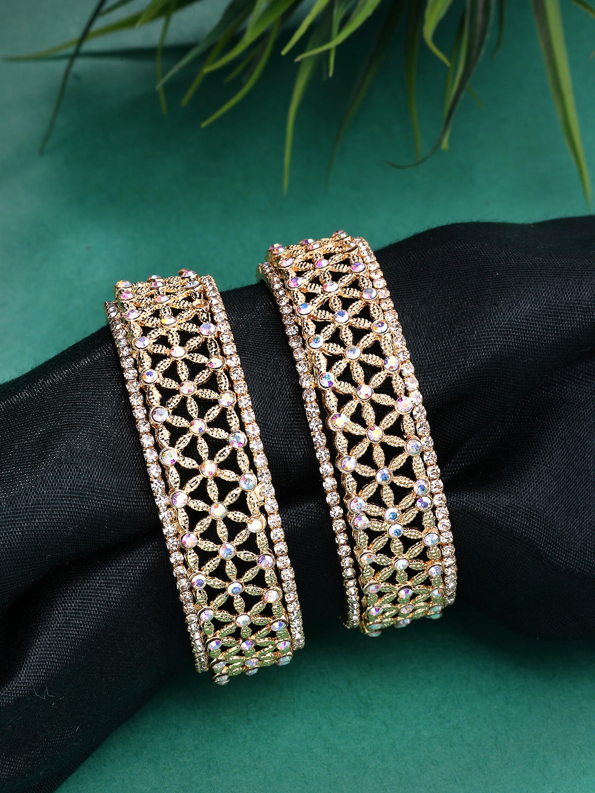 Sukkhi Creative Floral Design Gold Plated AD Stones Studded Kada Bangle Set for Women & Girls|Jewellery for Party, Wedding, and Festive Occasions for Women|2 Bangles|B107564