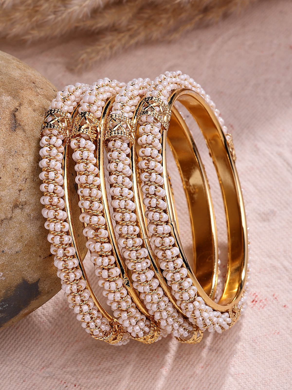 Sukkhi Trendy Handmade Gold Plated with Beaded Kada Bangle Set for Women & Girls|Jewellery for Party, Wedding, and Festive Occasions for Women|4 Bangles|B107565