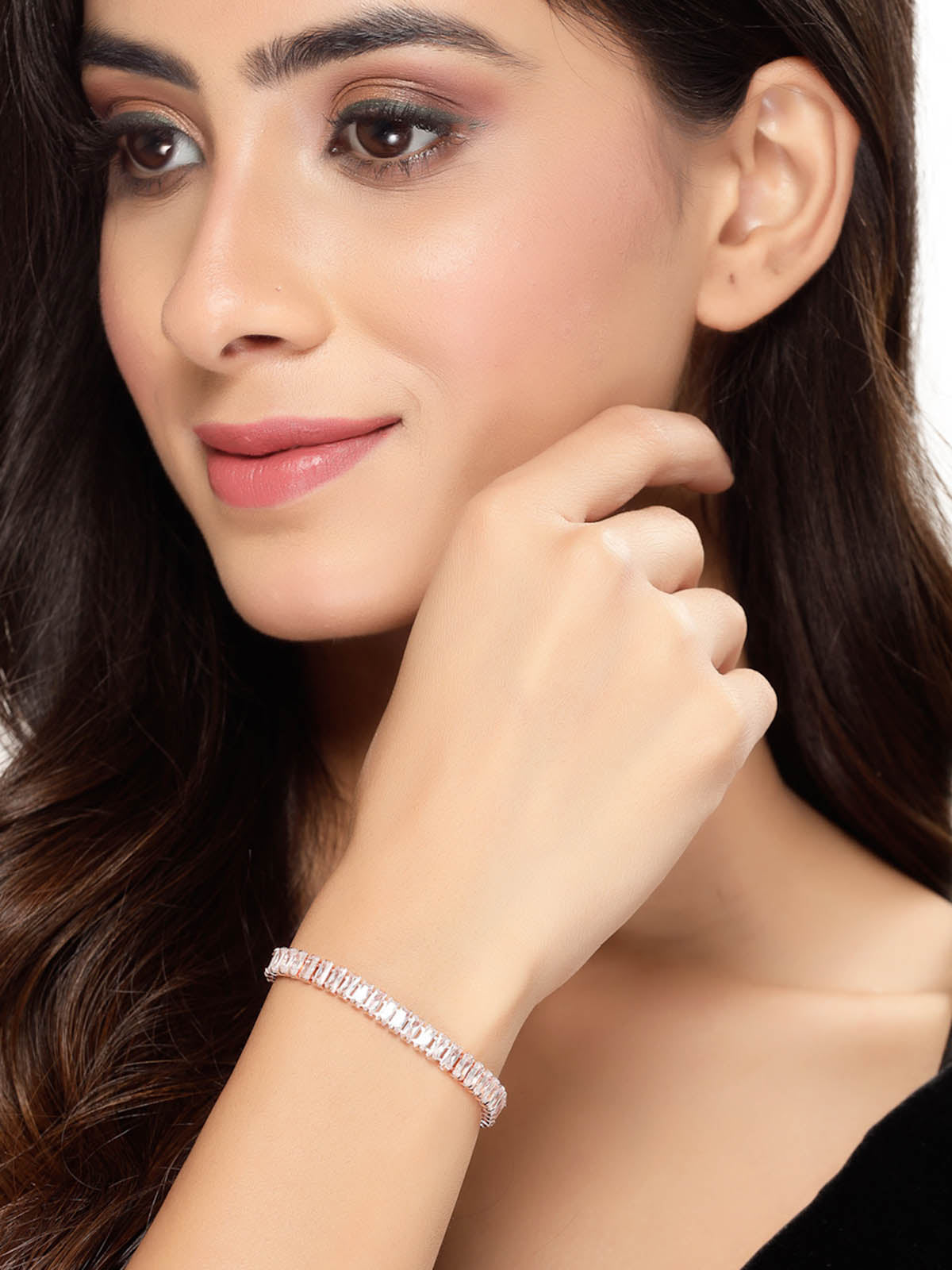 Studio Sukkhi Gleaming American Diamond Baguette Stone Studded Rose Gold Plated Adjustable Free Size Bracelet for Women And Girls (BC104761) BC104761