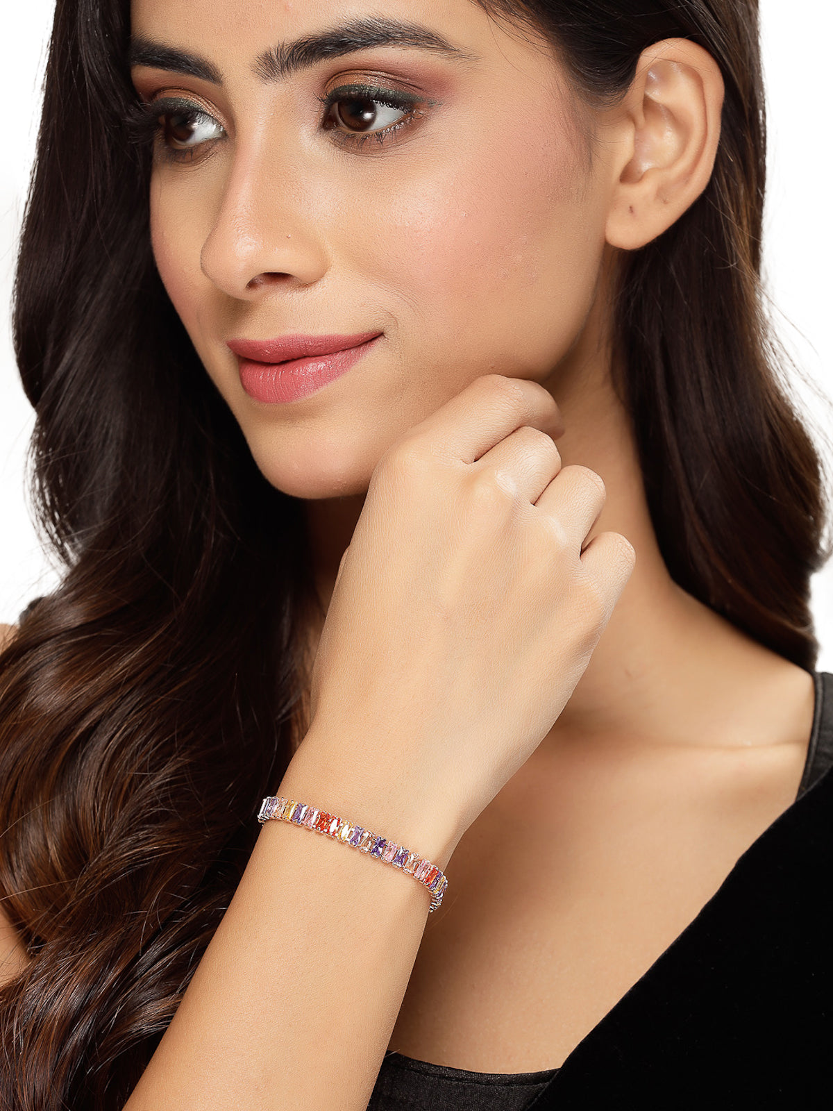 Studio Sukkhi Eye-Catchy American Diamond Baguette Stone Studded Multicolor Rose Gold Plated Adjustable Free Size Bracelet For Women And Girls (BC104762) BC104762