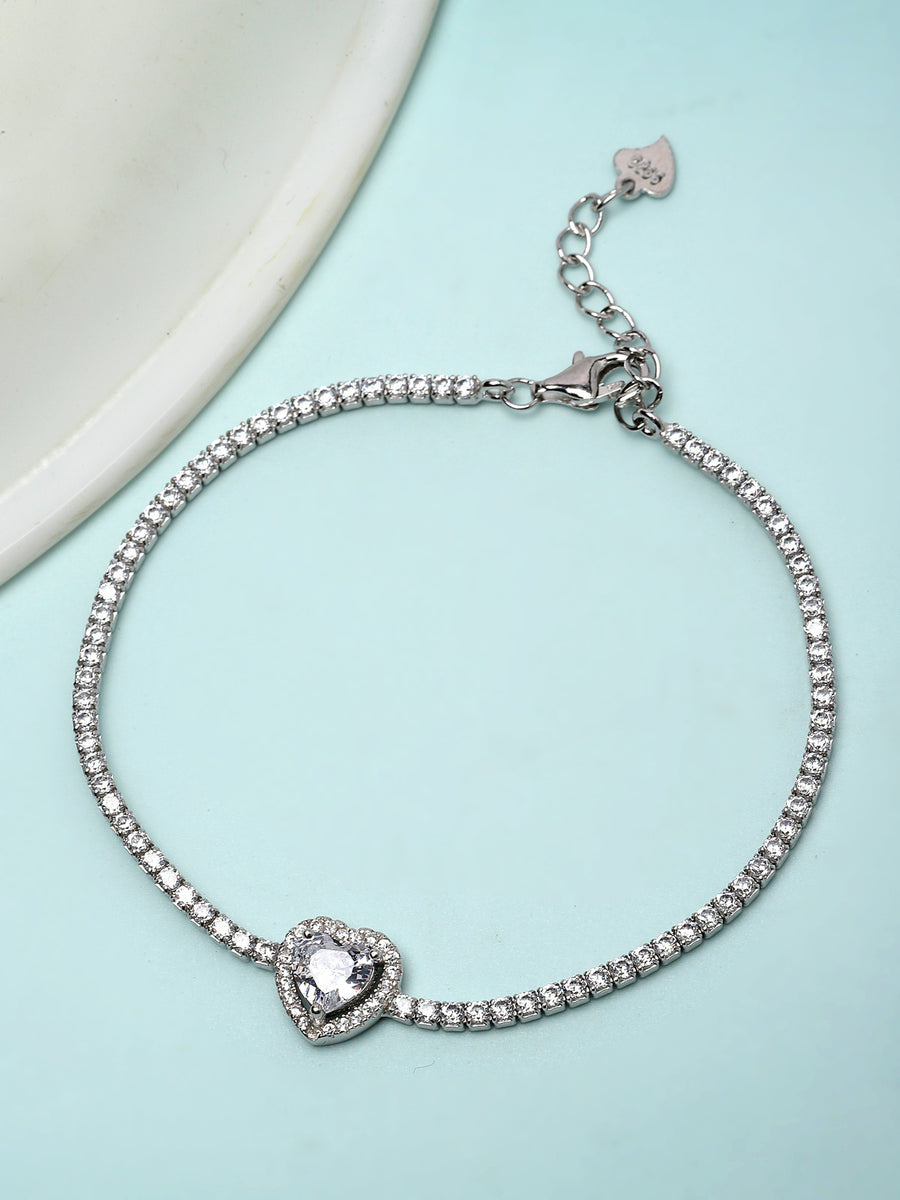 Pissara by Sukkhi Delightful 925 Sterling Silver Heart Shaped Cubic Zirconia Charm Bracelets For Women & Girls|with Authenticity Certificate, 925 Stamp & 6 Months Warranty BC105072
