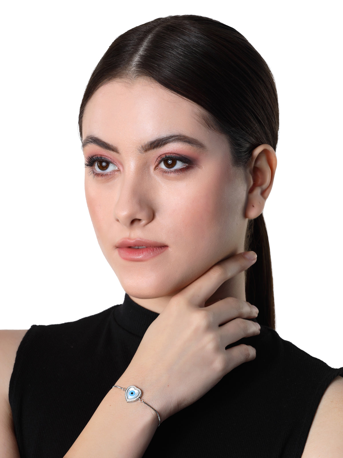 Pissara by Sukkhi Classic 925 Sterling Silver Evil Eye & Heart Shaped Cubic Zirconia Charm Bracelets For Women & Girls|with Authenticity Certificate, 925 Stamp & 6 Months Warranty BC105078