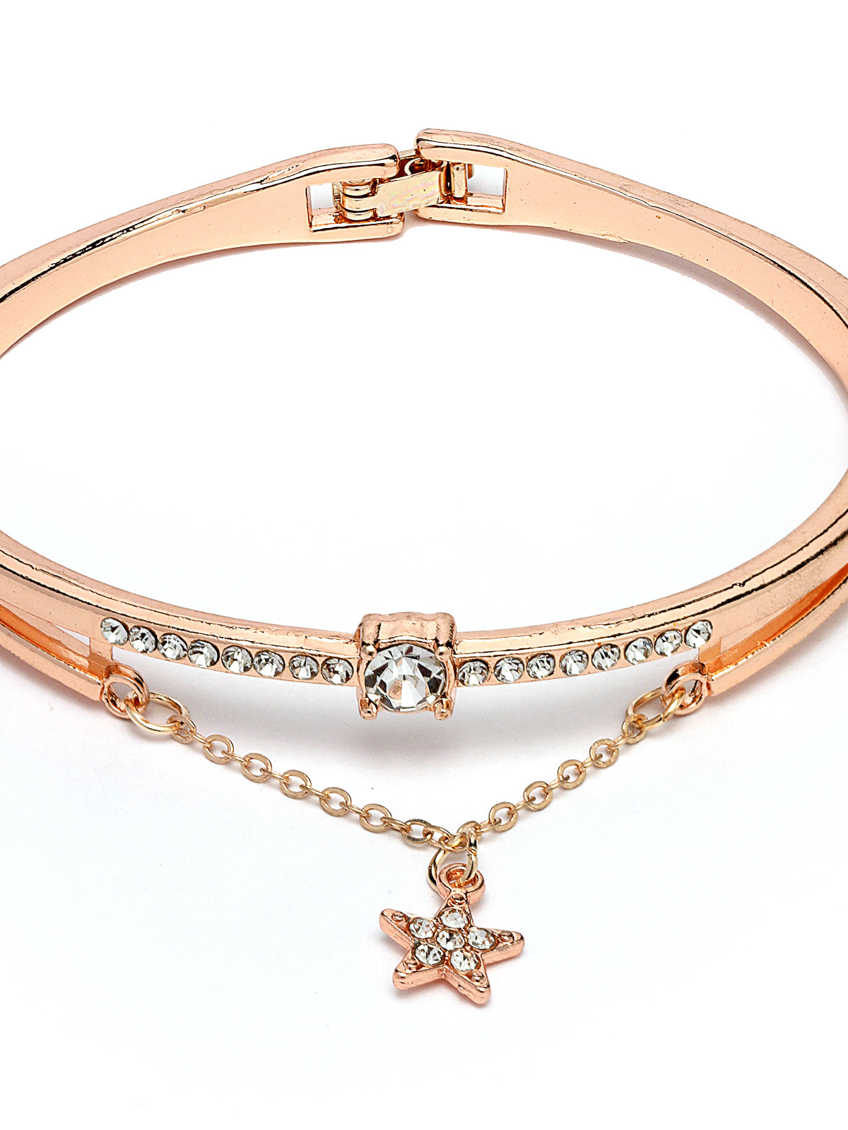 Scintillare by Sukkhi Graceful Latest Design Rhodium Plated Heart Shaped Silver Hanging Charm Crystals Shiny Bangle Bracelet for Women & Girls|Birthday Gift for Women|One Size|BC106527