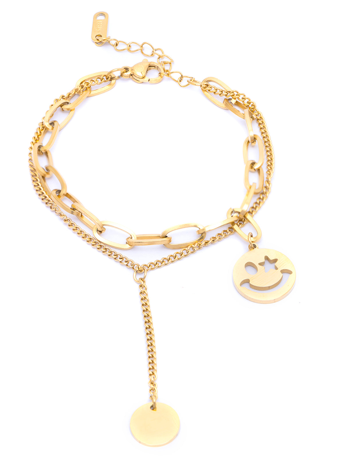 Scintillare By Sukkhi Western 18kGold Plated with Stainless Steel Smiley Charm Adjustable Bracelet Jewellery for Women and Girls|Anti Tarnish Jewellery|Gifts for Wife Girlfriend Mother Sister|BC107011