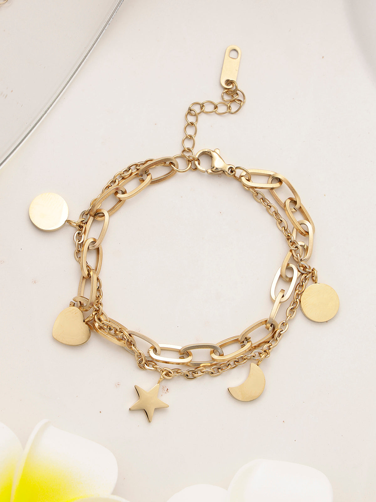 Scintillare By Sukkhi Attractive 18kGold Plated with Stainless Steel Heart Stars Charm Adjustable Bracelet Jewellery for Women & Girls|Anti Tarnish Jewellery|Gifts for Wife Girlfriend Mother|BC107012