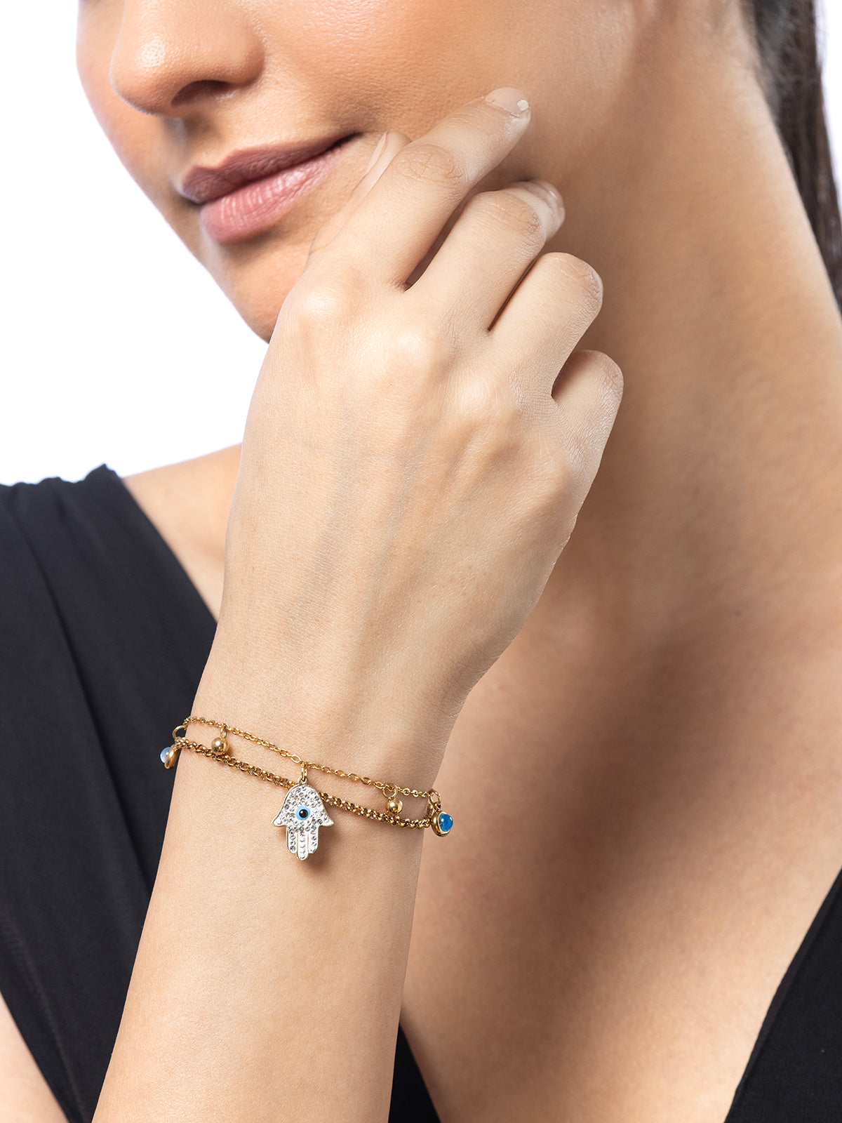 Scintillare By Sukkhi Evil Eye Hamsa Hand 18kGold Plated with Stainless Steel Charm Adjustable Bracelet Jewellery for Women & Girls|Anti Tarnish Jewellery|Gifts for Wife Girlfriend Mother|BC107026