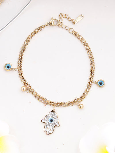 Scintillare By Sukkhi Evil Eye Hamsa Hand 18kGold Plated with Stainless Steel Charm Adjustable Bracelet Jewellery for Women & Girls|Anti Tarnish Jewellery|Gifts for Wife Girlfriend Mother|BC107026