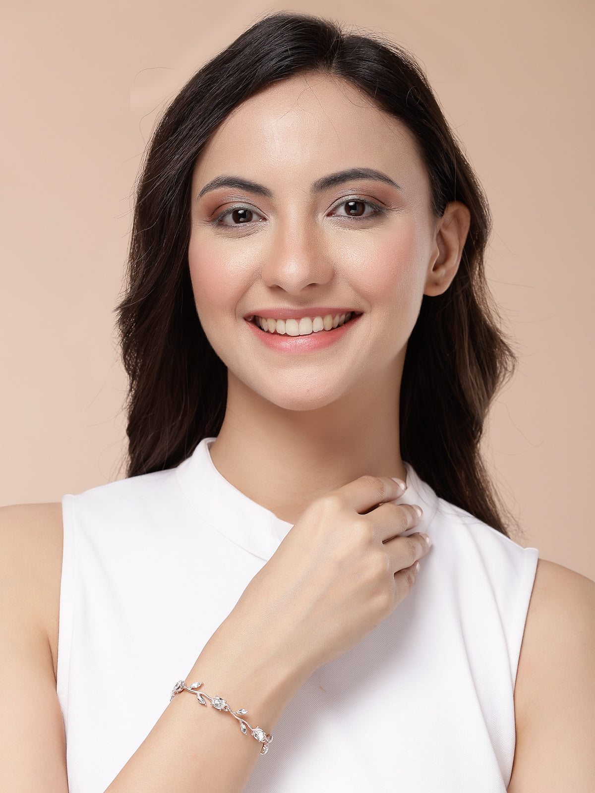 Scintillare By Sukkhi Creative Leaf Shaped Rose Gold Plated Crystal Stones Studded White Bracelet Bangle Jewellery for Women & Girls|Perfect for All Festive Occasions|BC107114