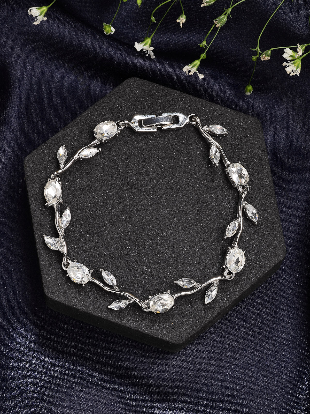Scintillare By Sukkhi Creative Leaf Shaped Rhodium Plated Crystal Stones Studded Silver Bracelet Jewellery for Women & Girls|Perfect for All Festive Occasions|BC107116