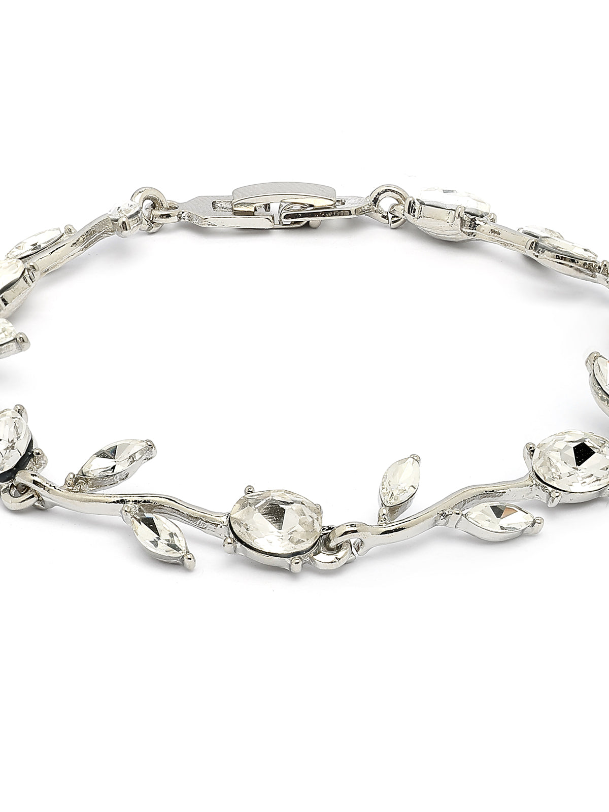 Scintillare By Sukkhi Creative Leaf Shaped Rhodium Plated Crystal Stones Studded Silver Bracelet Jewellery for Women & Girls|Perfect for All Festive Occasions|BC107116