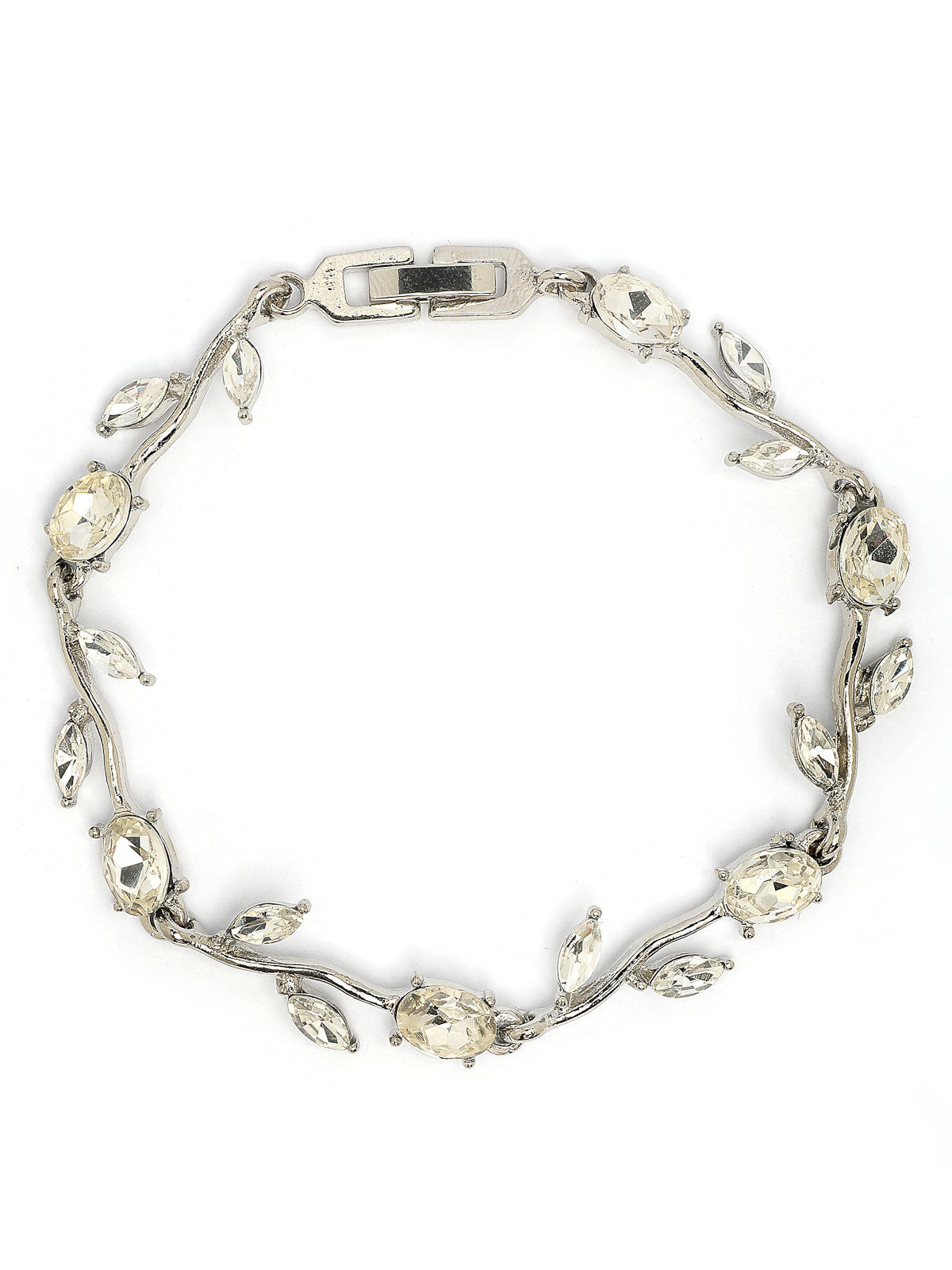 Scintillare By Sukkhi Creative Leaf Shaped Rhodium Plated Crystal Stones Studded Silver Bracelet Jewellery for Women & Girls|Perfect for All Festive Occasions|BC107116