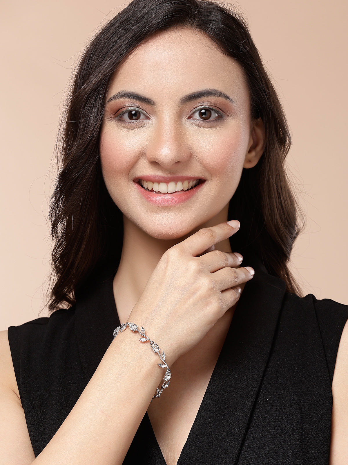 Scintillare By Sukkhi Creative Leaf Shaped Rhodium Plated Crystal Stones Studded Silver Bracelet Jewellery for Women & Girls|Perfect for All Festive Occasions|BC107116