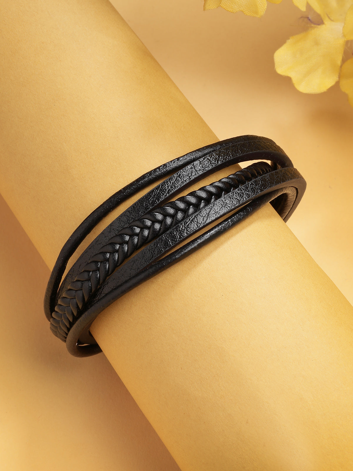 Scintillare By Sukkh Western Style Genuine Leather Braided Wrap with Magnetic Clasp Multistrips Black Bracelet for Men & Boys|Birthday Gift for Men and Boys Anniversary Gift for Husband|BC107117