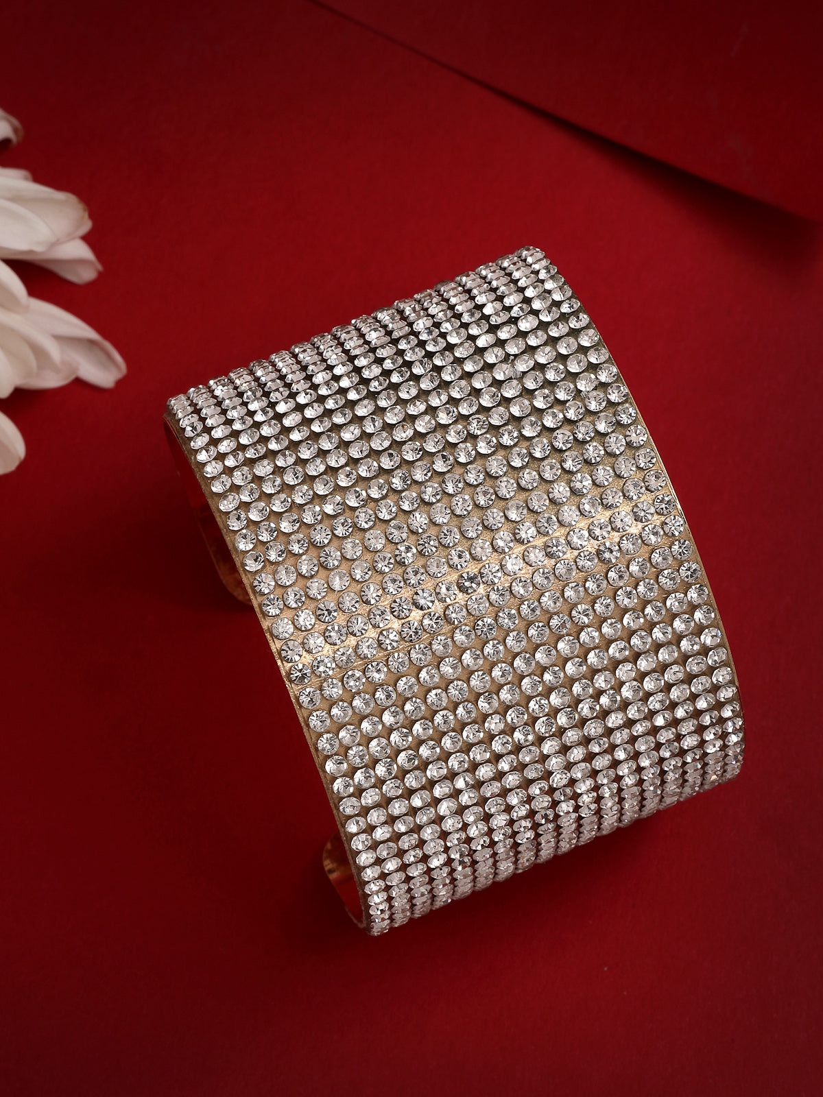 Scintillare By Sukkhi Delicate Fashionable Gold Plated Crystal Diamond Studded Broad Cuff Kada Bangle Bracelet Jewellery for Women & Girls|BC107122