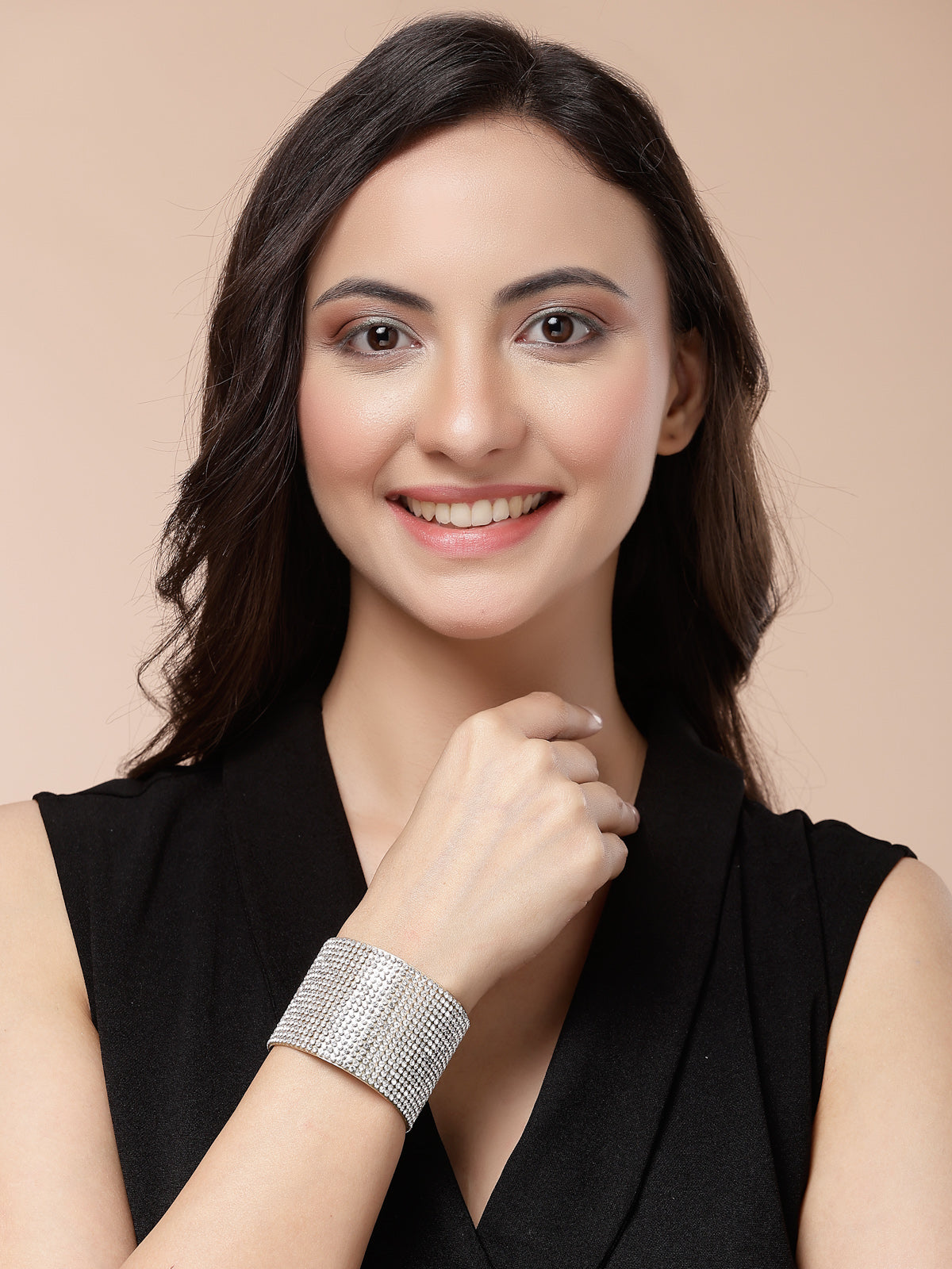 Scintillare By Sukkhi Delicate Fashionable Gold Plated Crystal Diamond Studded Broad Cuff Kada Bangle Bracelet Jewellery for Women & Girls|BC107122