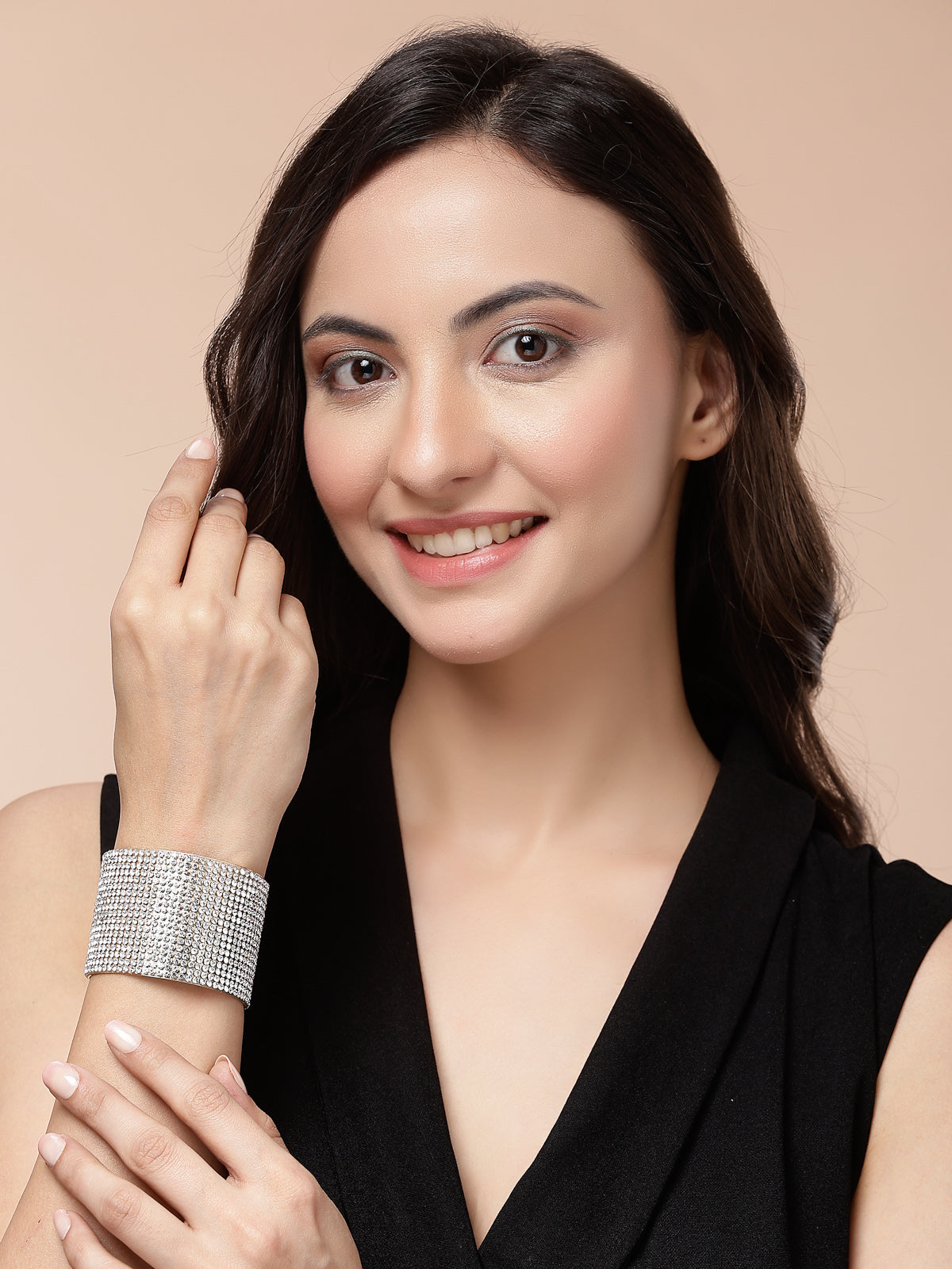 Scintillare By Sukkhi Delicate Fashionable Gold Plated Crystal Diamond Studded Broad Cuff Kada Bangle Bracelet Jewellery for Women & Girls|BC107122