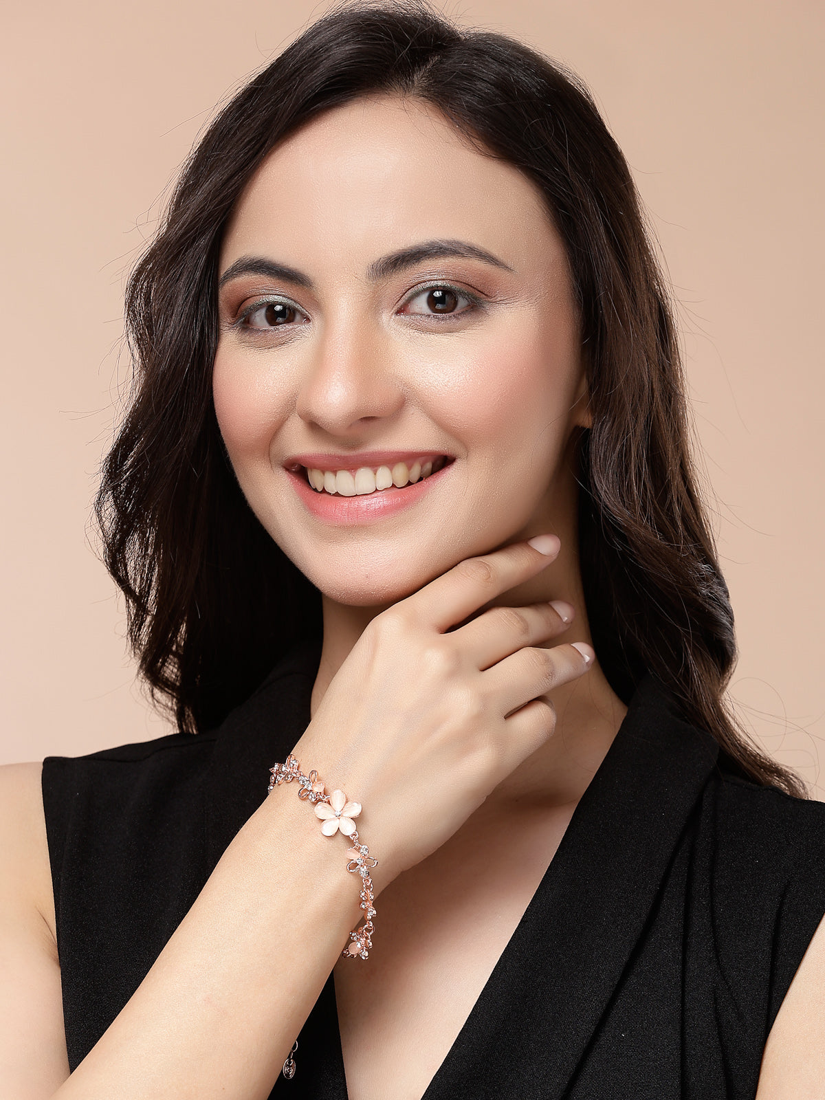 Scintillare By Sukkhi Flawless Rose God Plated Crystal Stones Studded Floral Shaped Adjustable Bracelet Jewellery for Women & Girls|BC107125