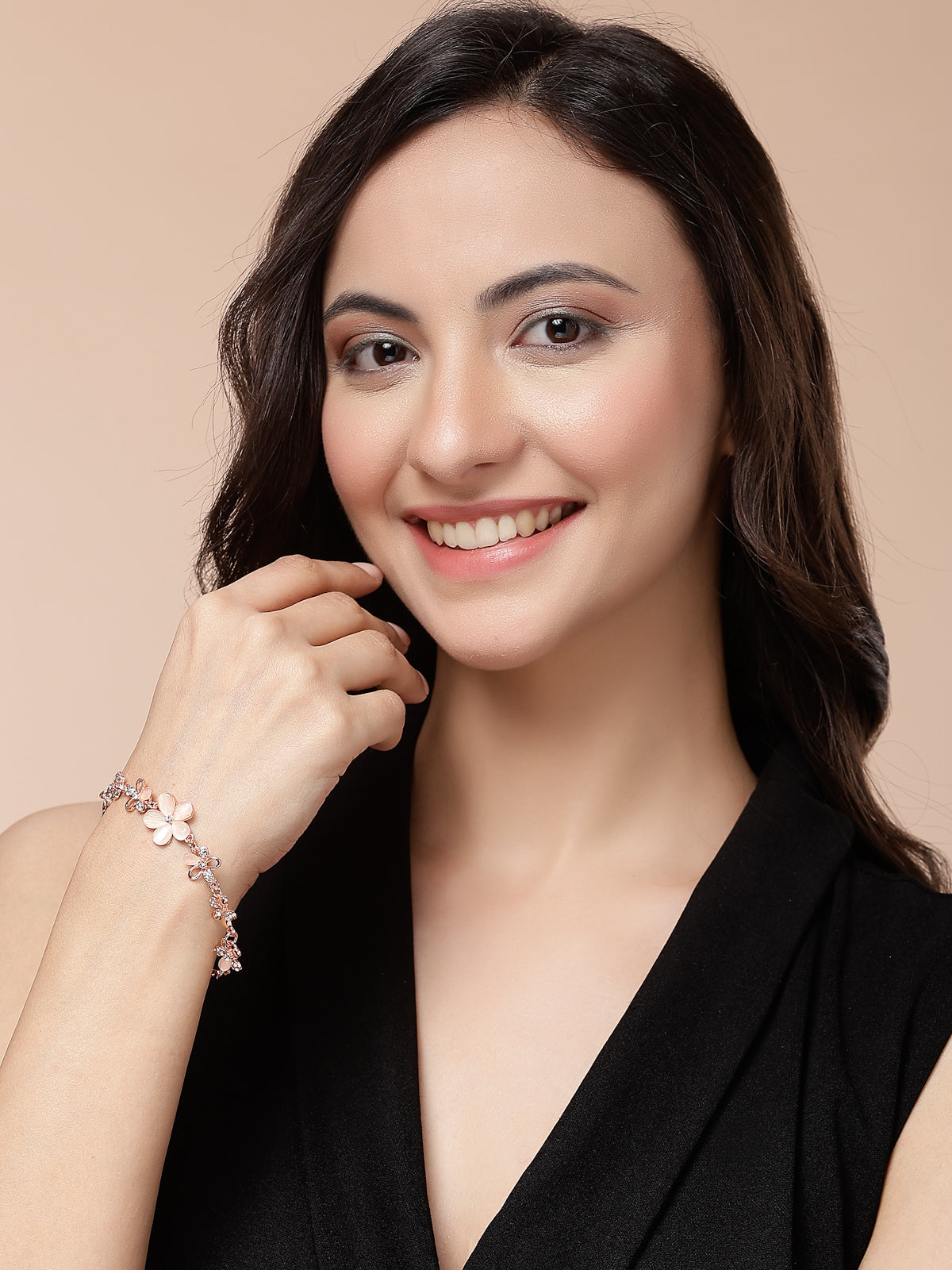Scintillare By Sukkhi Flawless Rose God Plated Crystal Stones Studded Floral Shaped Adjustable Bracelet Jewellery for Women & Girls|BC107125
