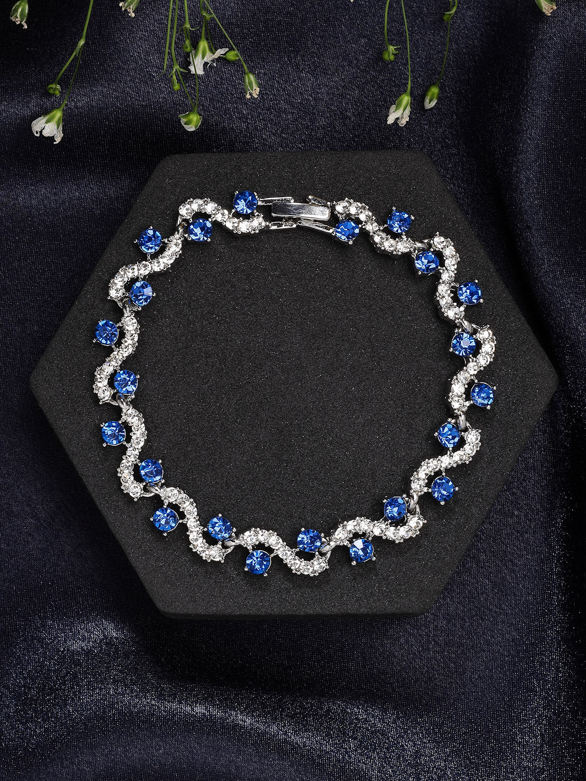 Scintillare By Sukkhi Most Beautiful Stylish Rhodium Plated Crystal CZ Diamond Studded Blue Silver Bracelet for Women & Girls|BC107127
