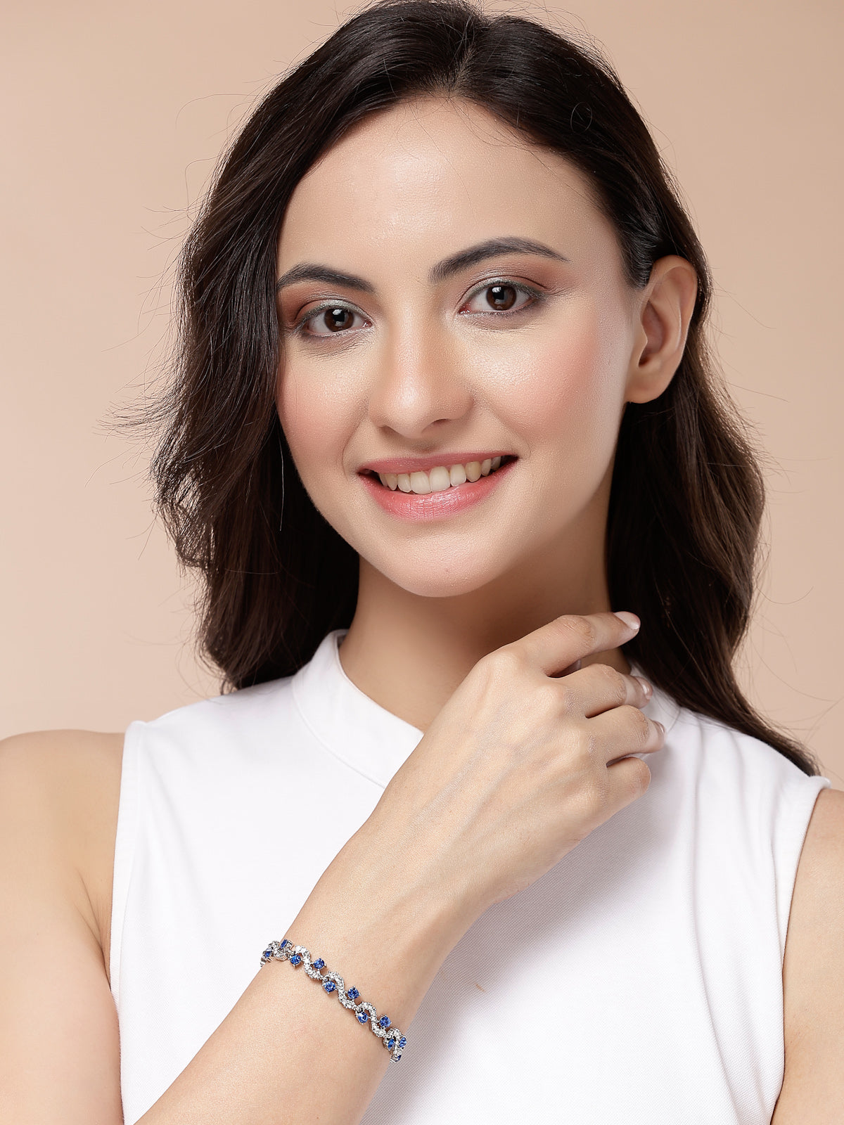 Scintillare By Sukkhi Most Beautiful Stylish Rhodium Plated Crystal CZ Diamond Studded Blue Silver Bracelet for Women & Girls|BC107127