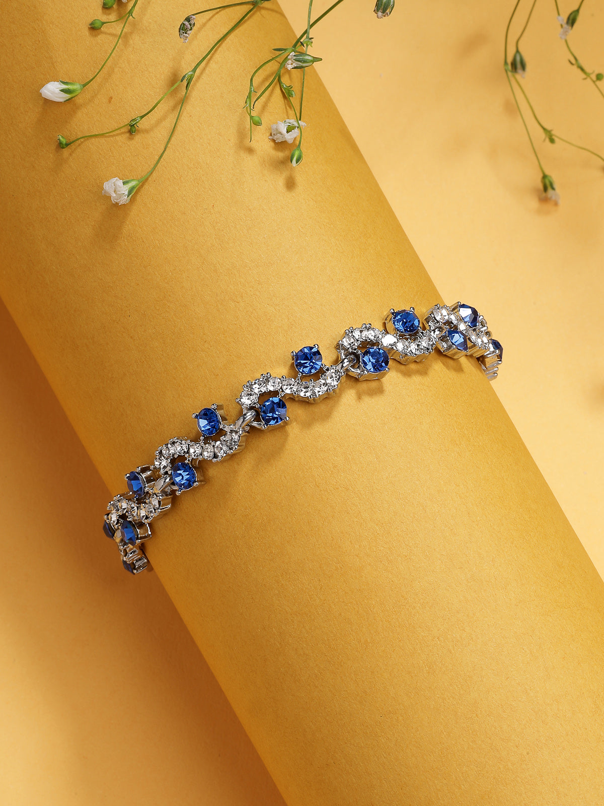 Scintillare By Sukkhi Most Beautiful Stylish Rhodium Plated Crystal CZ Diamond Studded Blue Silver Bracelet for Women & Girls|BC107127
