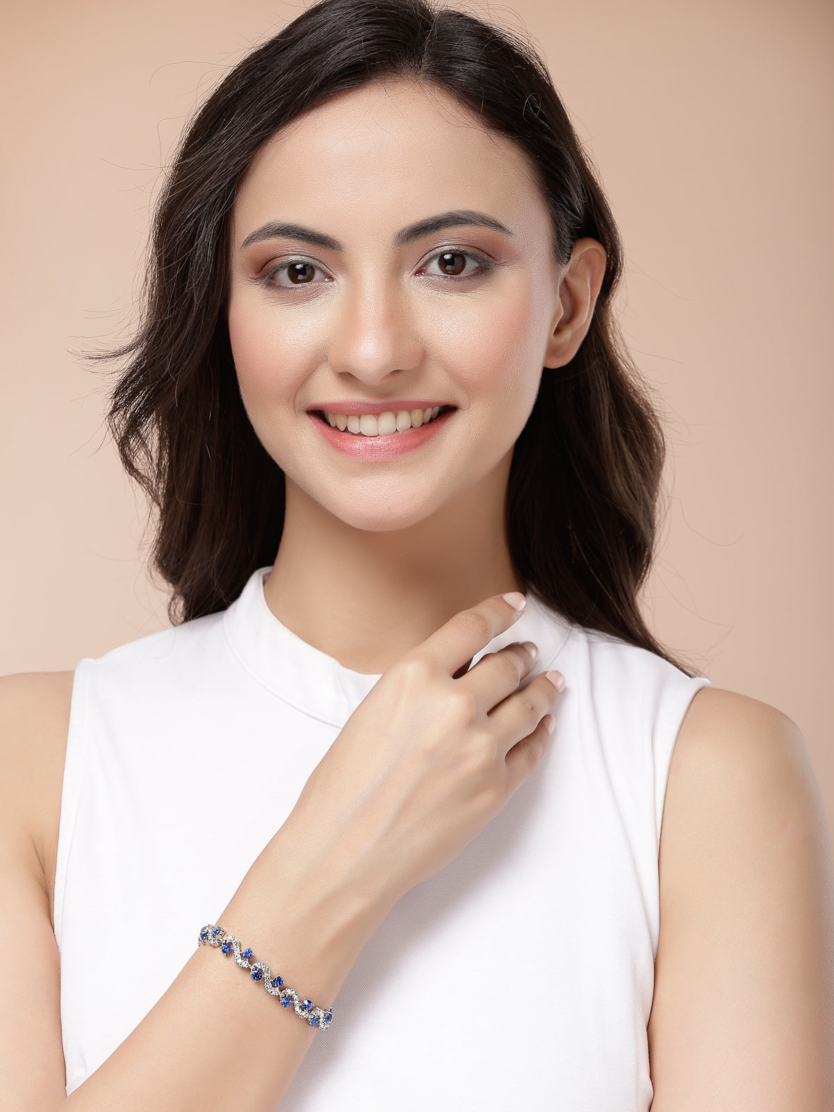 Scintillare By Sukkhi Most Beautiful Stylish Rhodium Plated Crystal CZ Diamond Studded Blue Silver Bracelet for Women & Girls|BC107127