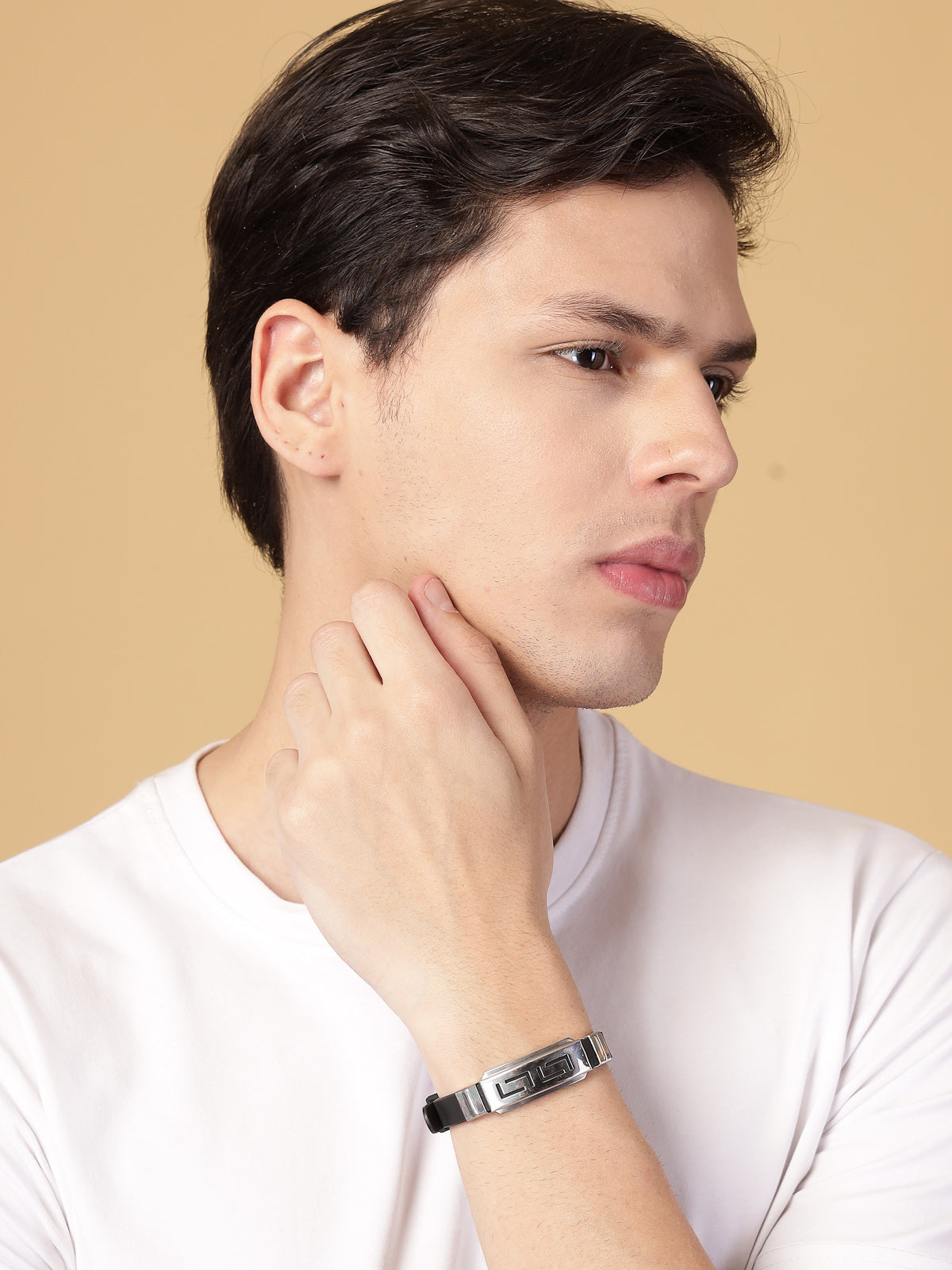 Scintillare By Sukkhi Casual Style Design Leather Silicon Wristband Black Bracelet for Men & Boys|Accessories Jewellery for Unisex|Birthday Gift for Girls & Boys|BC107128