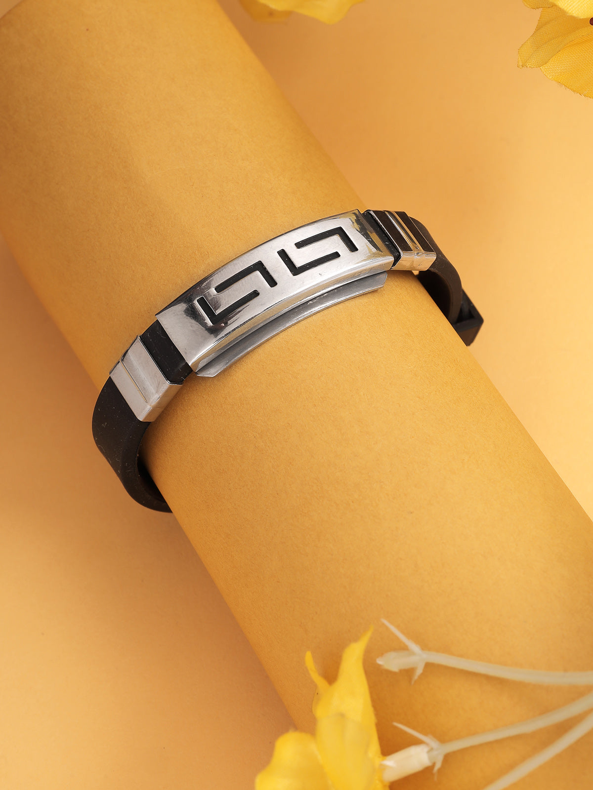 Scintillare By Sukkhi Casual Style Design Leather Silicon Wristband Black Bracelet for Men & Boys|Accessories Jewellery for Unisex|Birthday Gift for Girls & Boys|BC107128