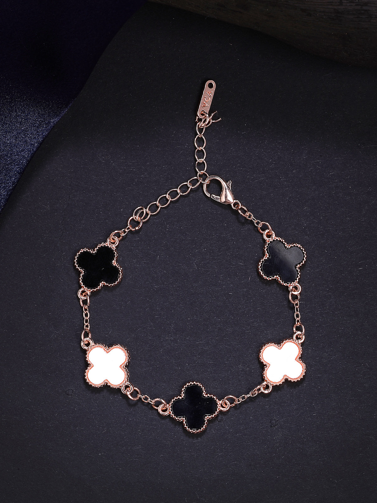 Scinitlare By Sukkhi Decent Latest Stylish Rose Gold Plated Crystal Clover Black & White Bracelet Jewellery for Women & Girls|BC107133