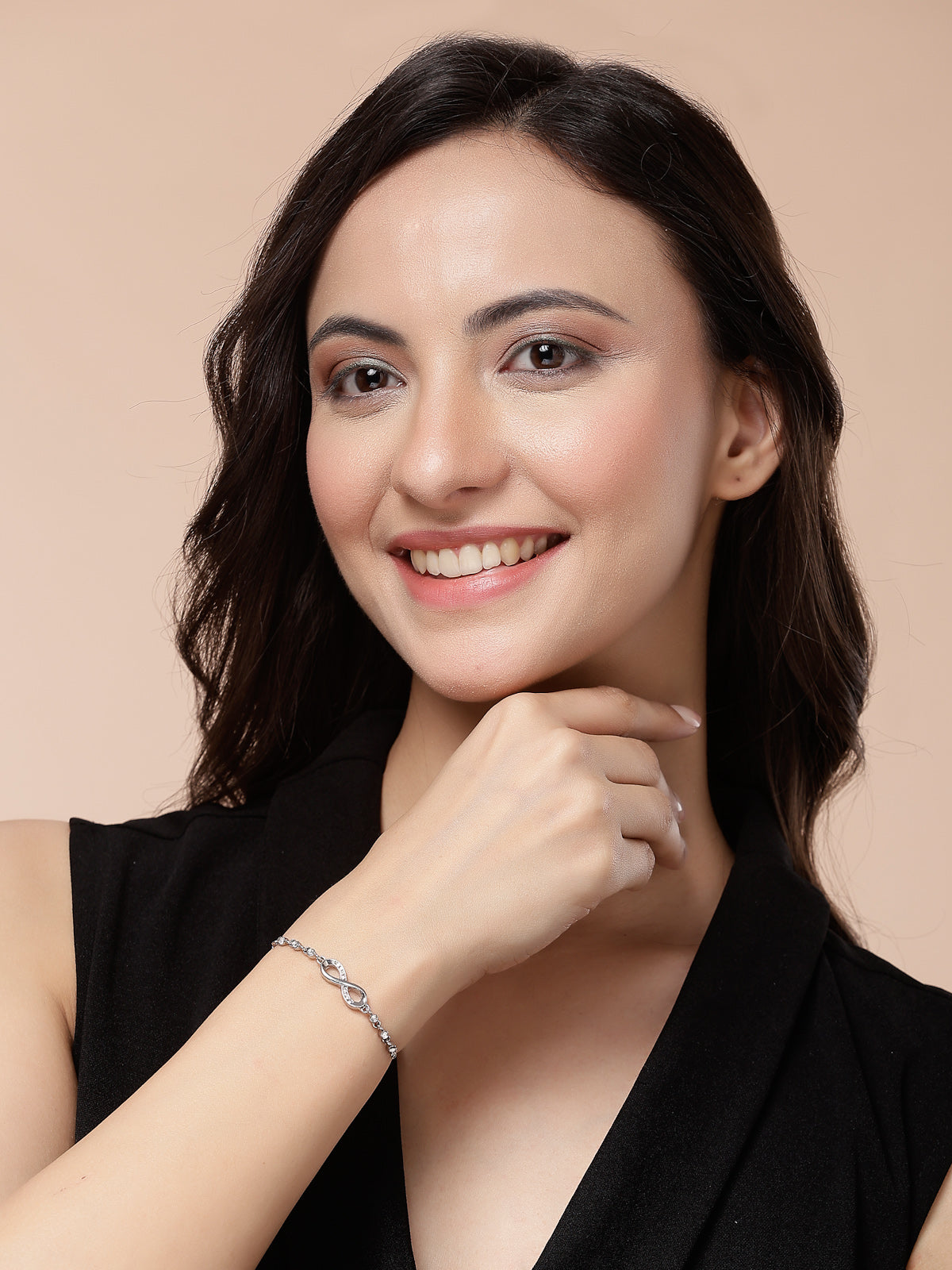 Scintillare By Sukkhi Latest Stylish External Endless Love CZ Diamonds Studded Rhodium Plated Infinity Shaped Slide Closure Silver Bracelet for Women & Girls|BC107136