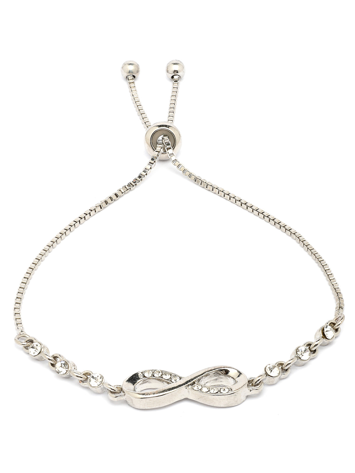 Scintillare By Sukkhi Latest Stylish External Endless Love CZ Diamonds Studded Rhodium Plated Infinity Shaped Slide Closure Silver Bracelet for Women & Girls|BC107136
