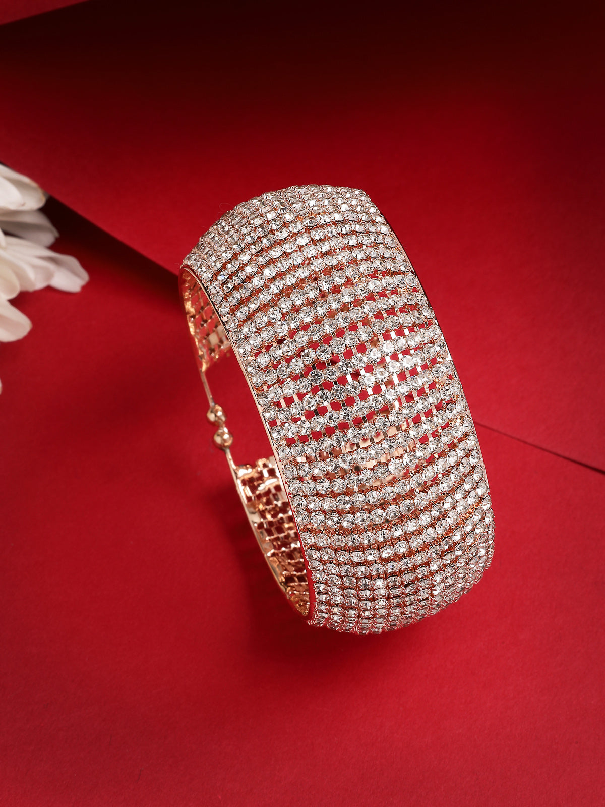 Scintillare By Sukkhi Graceful 18k Rose Gold Plated with Crystal Stone Studded Adjustable Cuff Kada Bracelet Jewellery for For Women & Girls|BC107141
