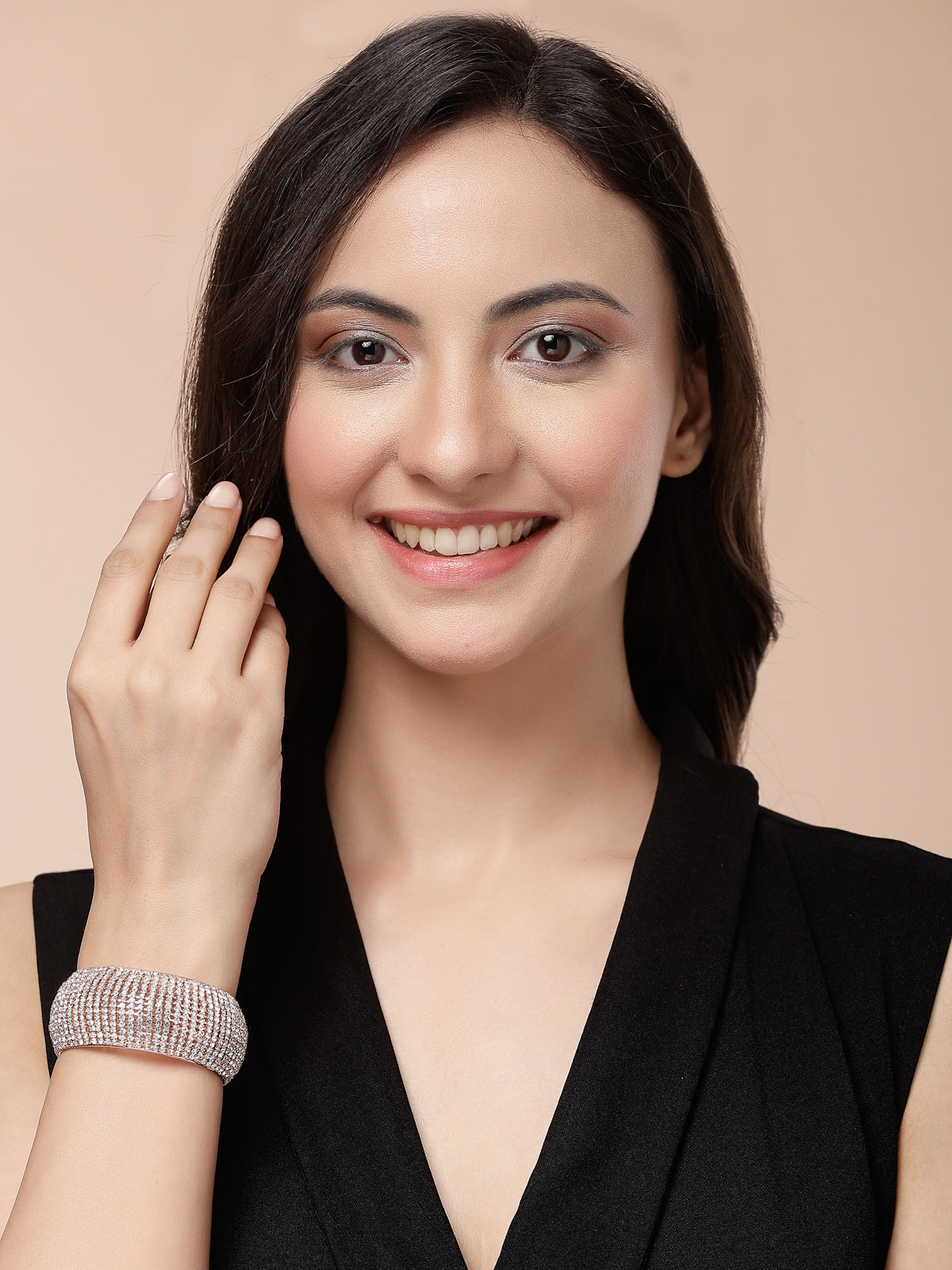 Scintillare By Sukkhi Graceful 18k Rose Gold Plated with Crystal Stone Studded Adjustable Cuff Kada Bracelet Jewellery for For Women & Girls|BC107141