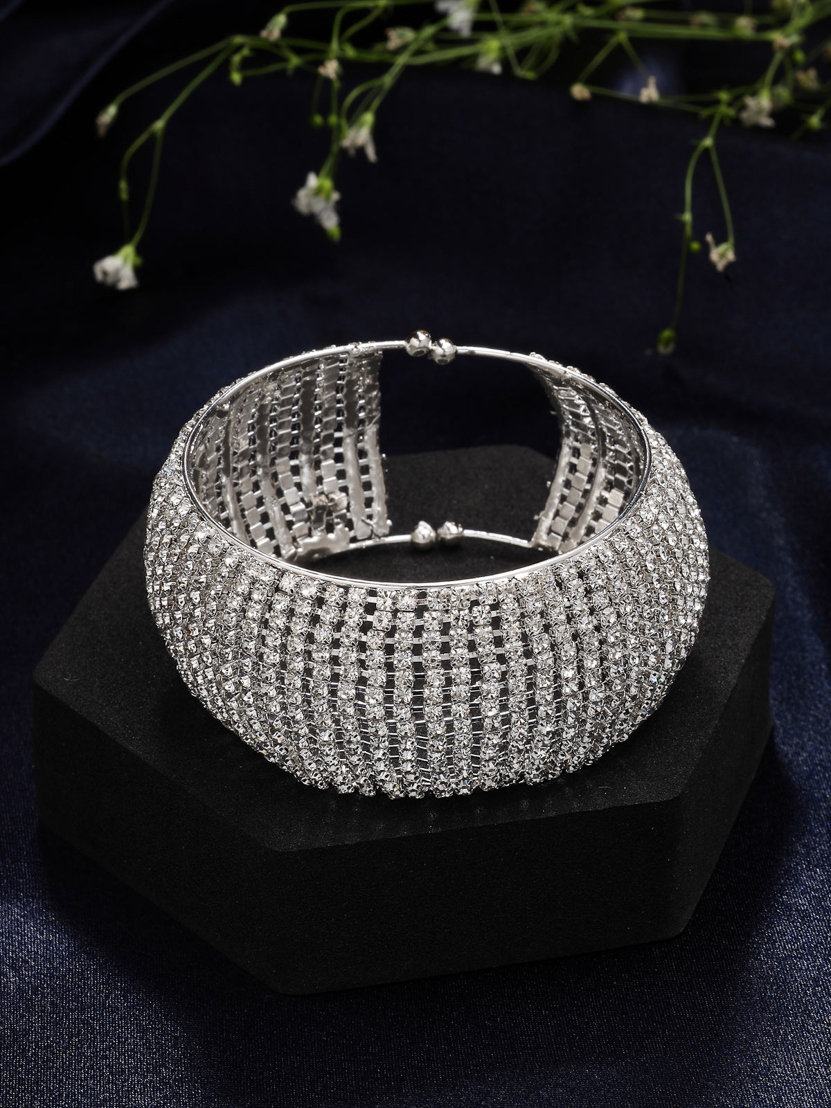 Scintillare By Sukkhi Graceful Rhodium Plated with Crystal Stone Studded Adjustable Silver Cuff Kada Bracelet Jewellery for For Women & Girls|BC107142