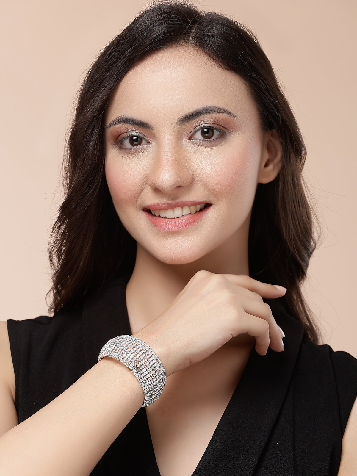 Scintillare By Sukkhi Graceful Rhodium Plated with Crystal Stone Studded Adjustable Silver Cuff Kada Bracelet Jewellery for For Women & Girls|BC107142
