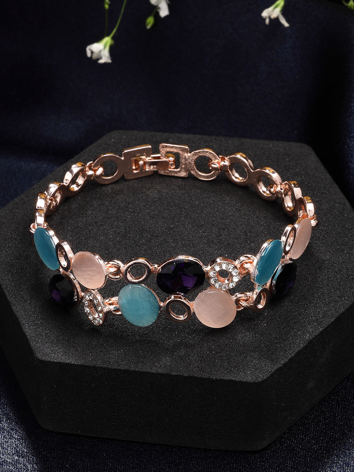 Scintillare By Sukkhi Iconic Latest Stylish Rose Gold Plated Crystal Diamond Studded Oval Shaped Adjustable Bracelet Jewellery for Women & Girls|BC107145