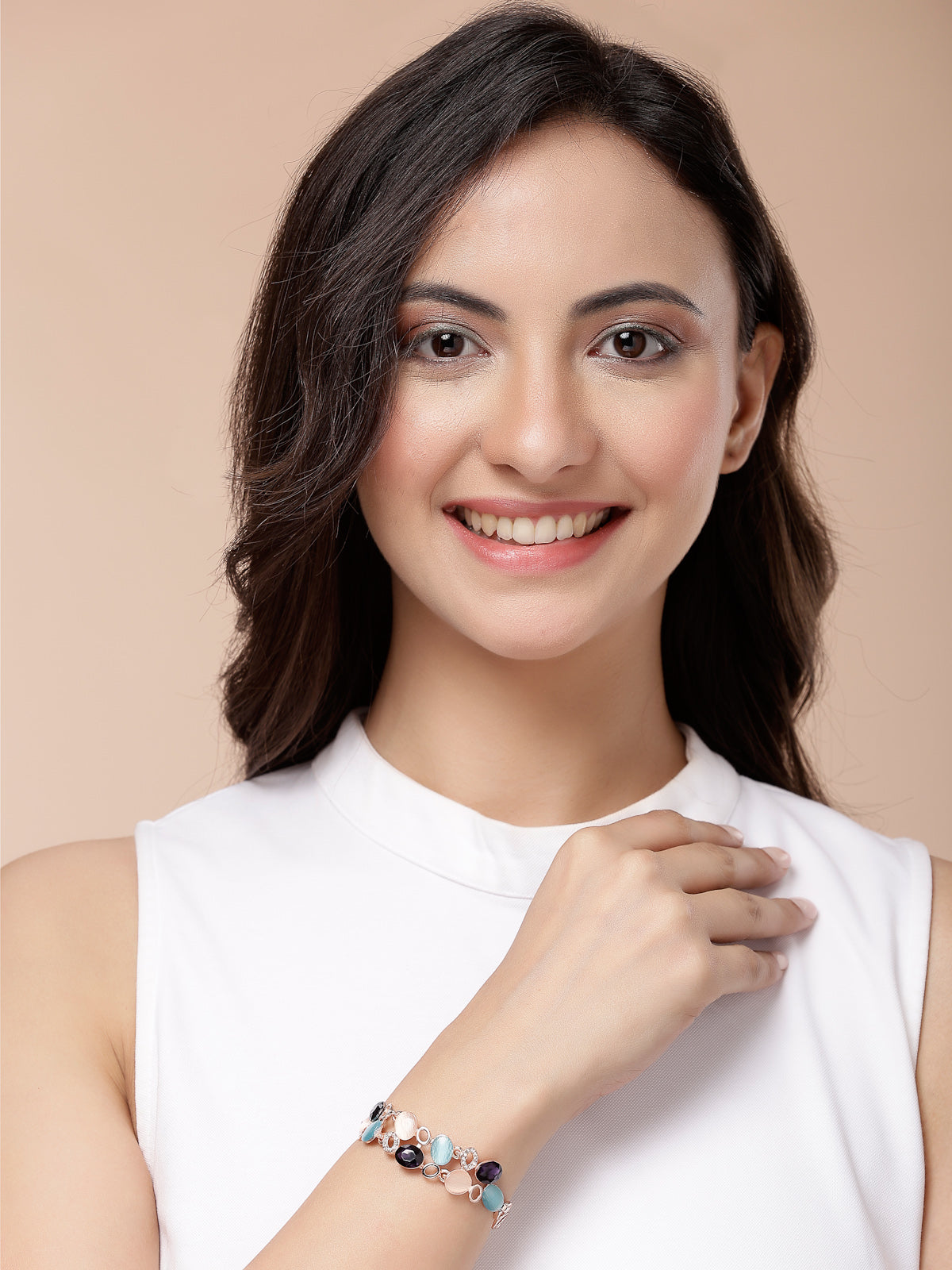 Scintillare By Sukkhi Iconic Latest Stylish Rose Gold Plated Crystal Diamond Studded Oval Shaped Adjustable Bracelet Jewellery for Women & Girls|BC107145